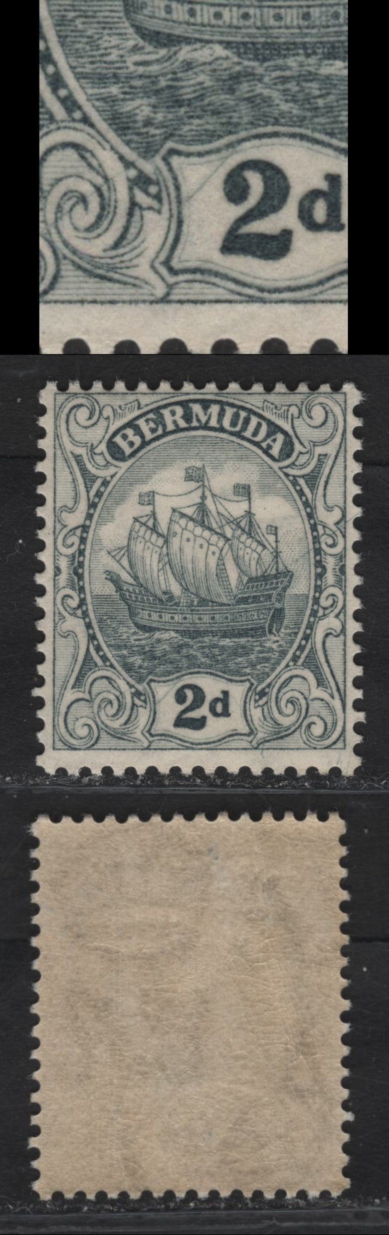 Lot 64 Bermuda SG#80 2d Gray Caravel, 1922-1934 Caravel Issue, A FOG Single, Diagonal Plate Cracks, Line Perf 14