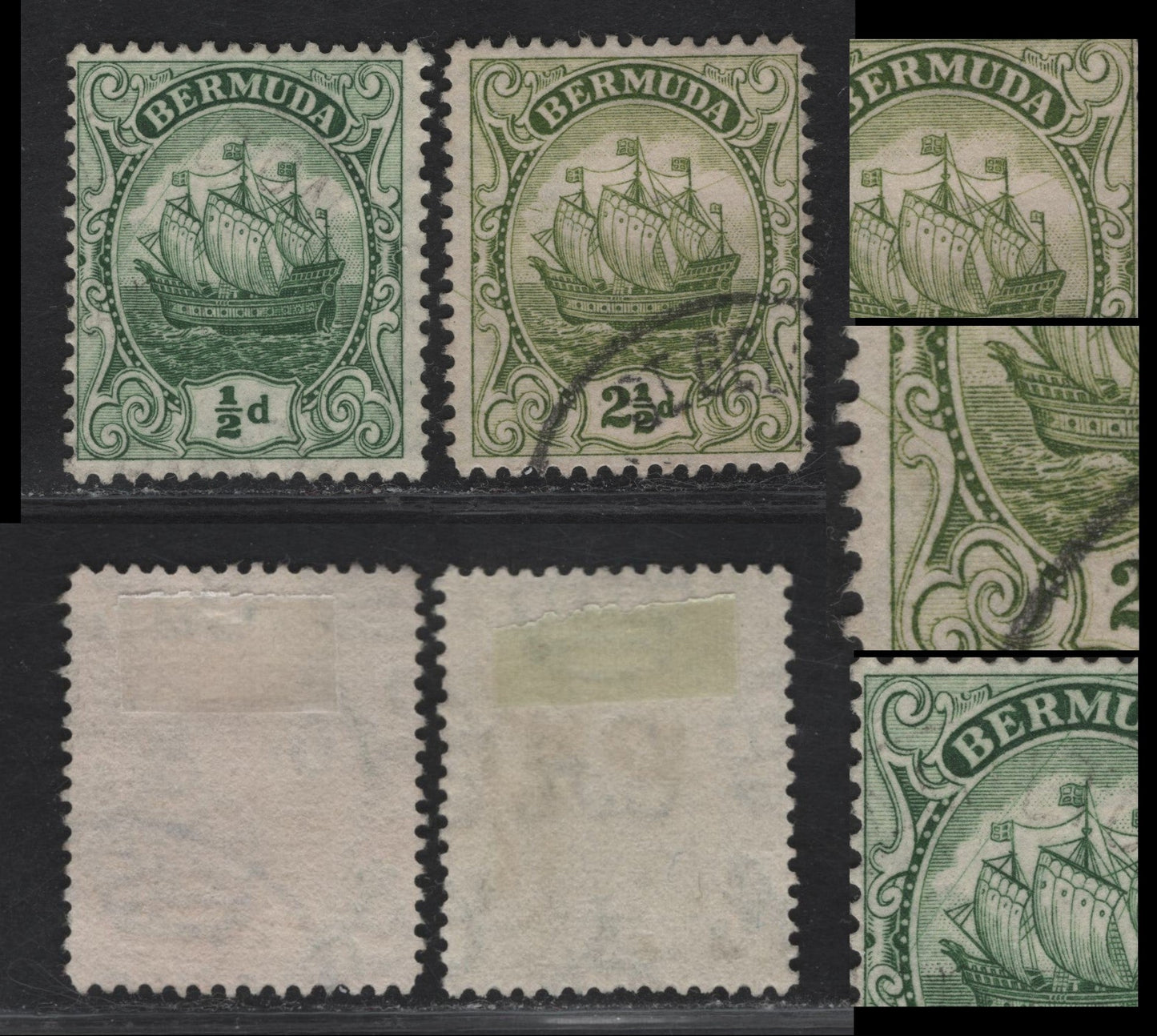 Lot 67 Bermuda SG#77a, 81 1/2d - 2.5d Green - Pale Sage Green Caravel, 1922-1934 Caravel Issue, 2 Fine Used Singles, Perf 14x13.74 & Line Perf 14, Both Showing Diagonal Plate Cracks