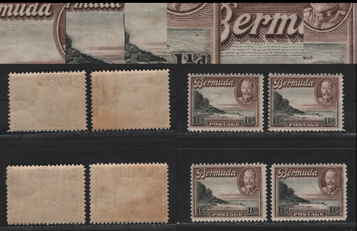 Lot 82 Bermuda SG#100var 1.5d Black & Chocolate South Shore, 1936-1947 KGV Pictorial Issue, 3 F/VFOG Singles, Showing Vertical Plate Hairline Cracks Along The Black Center Plate