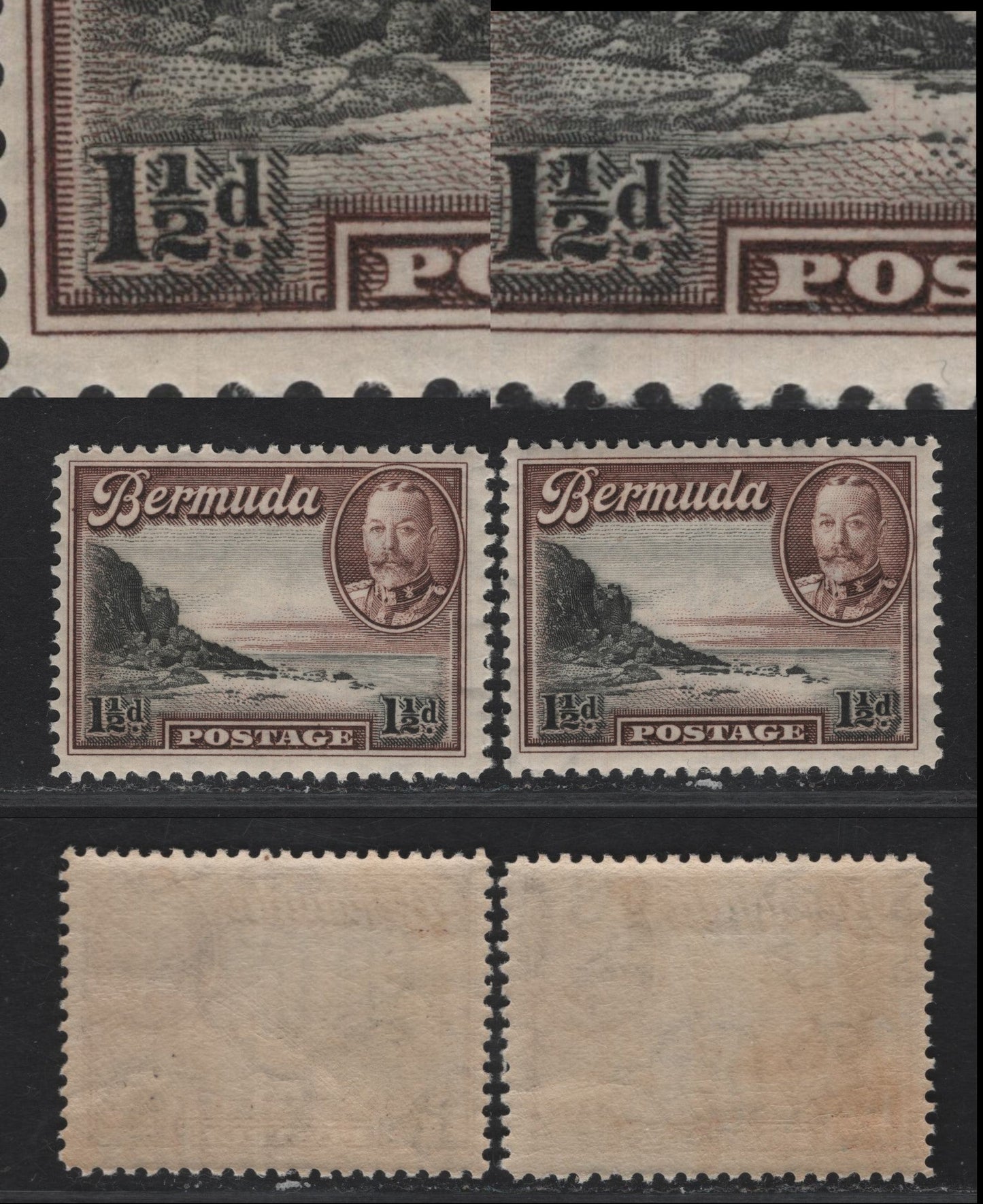 Lot 83 Bermuda SG#100var 1.5d Black & Chocolate South Shore, 1936-1947 KGV Pictorial Issue, 2 F/VFNH Singles, Showing Extra Rock On Beach & Twig on Beach