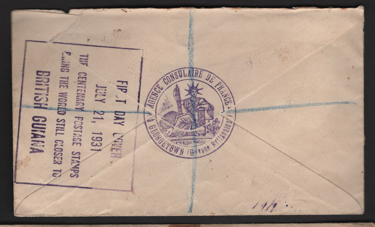 Lot 89 British Guiana SG#283-286 1c - 6c Emerald Green - Blue Rice Field - Public Buildings, 1931 Centenary of Country Union Issue, A Very Fine Used Cover, First Day Cover, Sent Locally, Franked With The First 4 Values.