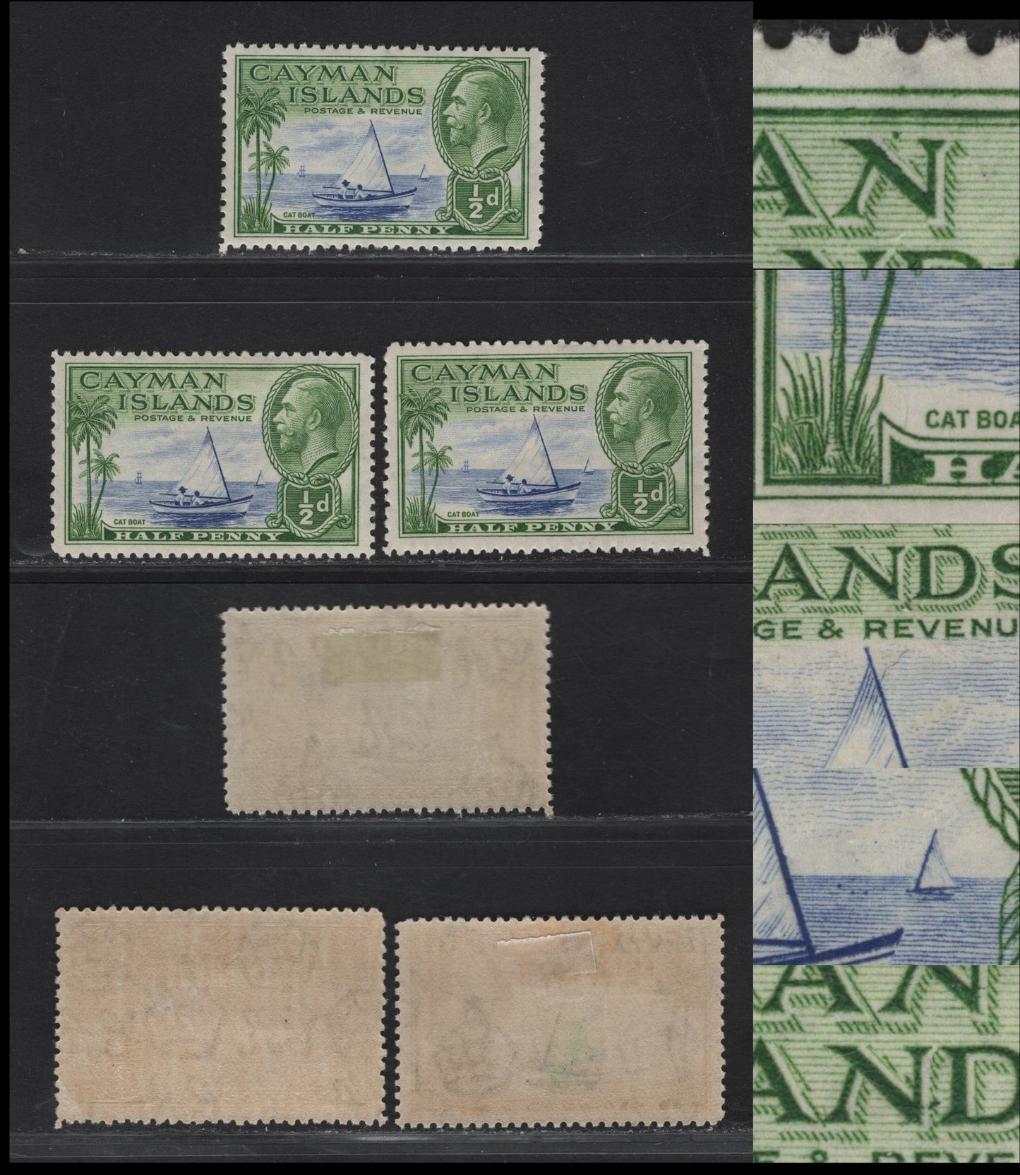Lot 99 Cayman Islands SG#98var 1/2d Yellow Green & Ultramarine Red-footed Booby, 1935 Pictorial Issue, 2 VFOG Singles, Showing Unlisted Plate Varieties