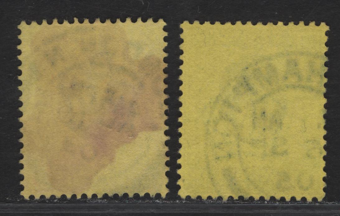 Lot 142 Great Britain SC#132 (SG#232) 3d Dull Reddish Purple/Dull Purple on Orange Yellow King Edward VII, 1902-1910 King Edward VII Issue, 2 Very Fine Used Singles, SON August 10 1903 & Sept 6 1905 Southampton.