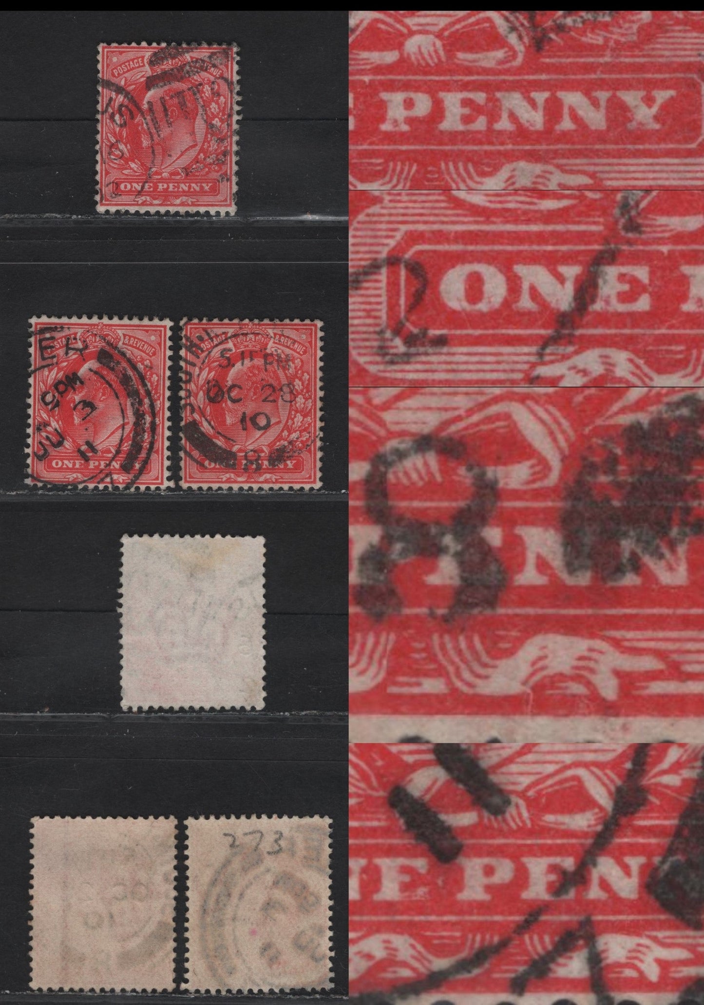 Great Britain SC#128var (SG#219var, 225var) 1d Scarlet King Edward VII, 1902-1910 King Edward VII Issue, 3 Fine/Very Fine Used Single, DLR Printing, Showing Various Shading Inside Letters Of 'One Penny'