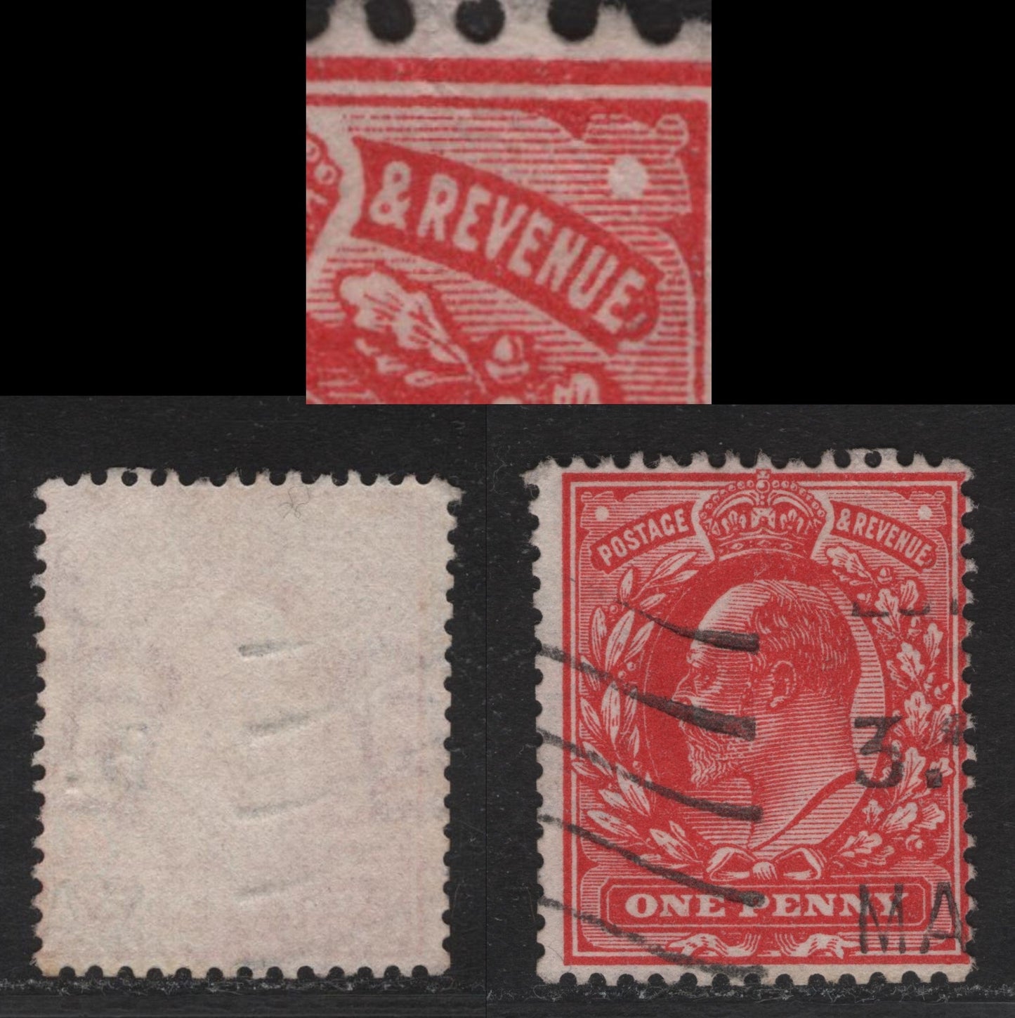 Lot 234 Great Britain SC#128avar (SG#273var) 1d Deep Rose Red King Edward VII, 1902-1910 King Edward VII Issue, A Fine Used Single, Harrison Printing, Perf 14, Showing Vertical White Dash To Right Of E Of Revenue.
