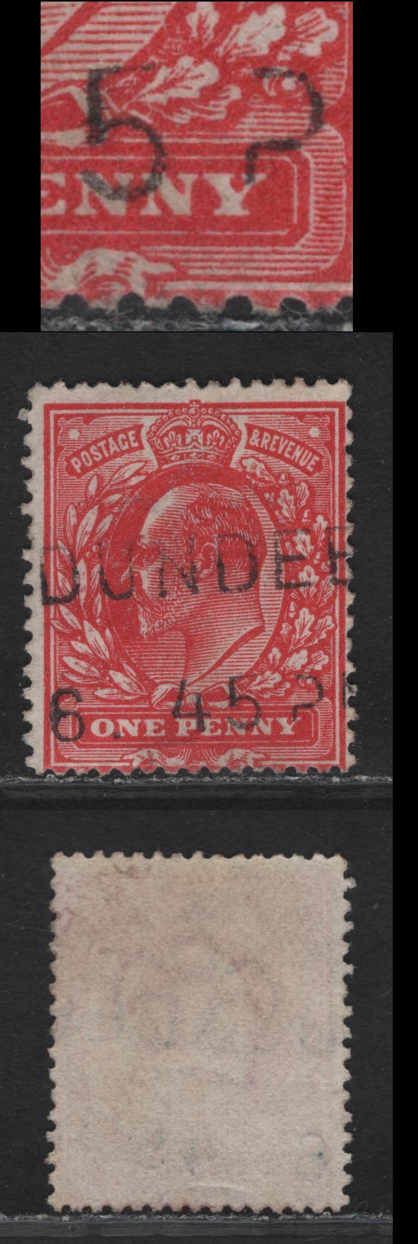 Lot 243 Great Britain SC#147bvar (SG#274var) 1d Rose Red King Edward VII, 1902-1910 King Edward VII Issue, A Fine Used Single, Harrison Printing, Perf 15x14, Break In Inner Frame Of Value Tablet.