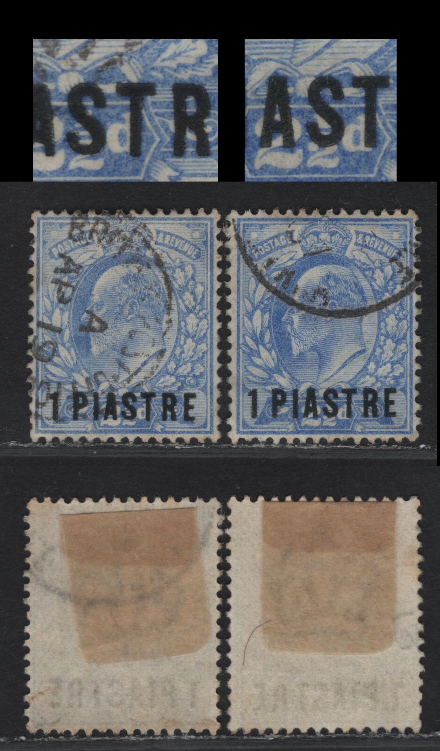 Lot 256 British Levant SG#13var 1pi on 2.5d Ultramarine King Edward VII, 1902-1905 King Edward VII Issue, 2 Very Fine Used Singles, Thinner, Shorter Letters With Normal For Comparison