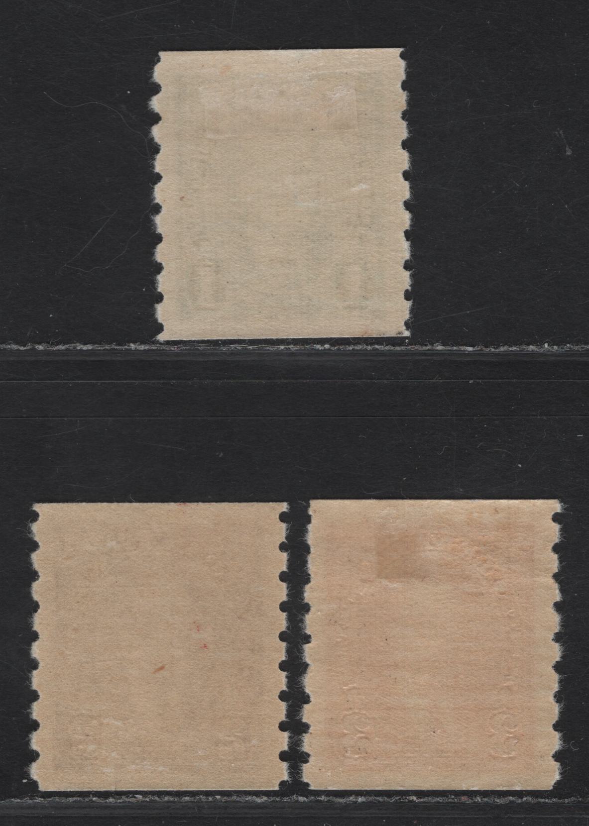 Lot 313 Canada #238-240 1c-3c Green - Carmine King George VI, 1937 KGVI Coil Issue, 3 VFOG Coil Singles, Paper/Gum CBN-UU, Rotary Bar Peforation