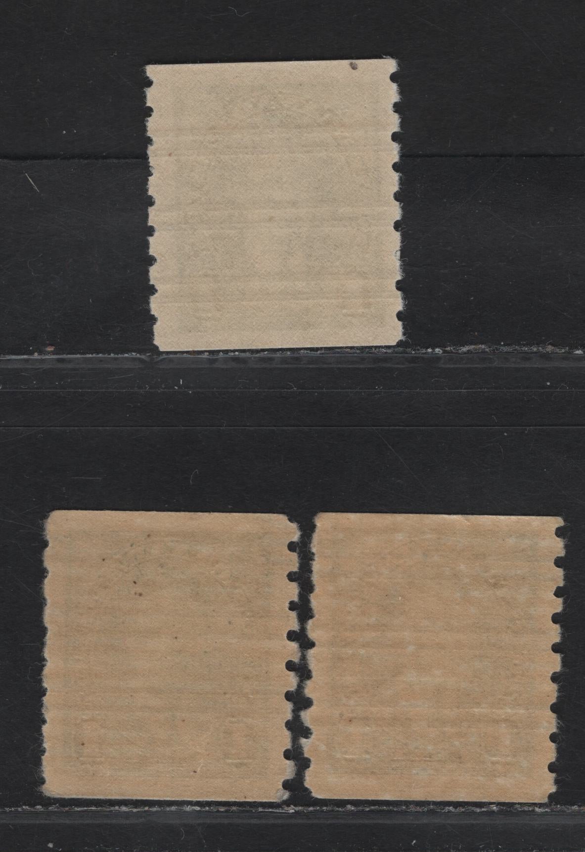 Lot 319 Canada #238xx 1c Green King George VI, 1937 KGVI Coil Issue, 3 FNH Precancelled Coil Singles, Paper/Gums CBN-H, CBN-XX & CBN-YY, Rotary Bar Perforated