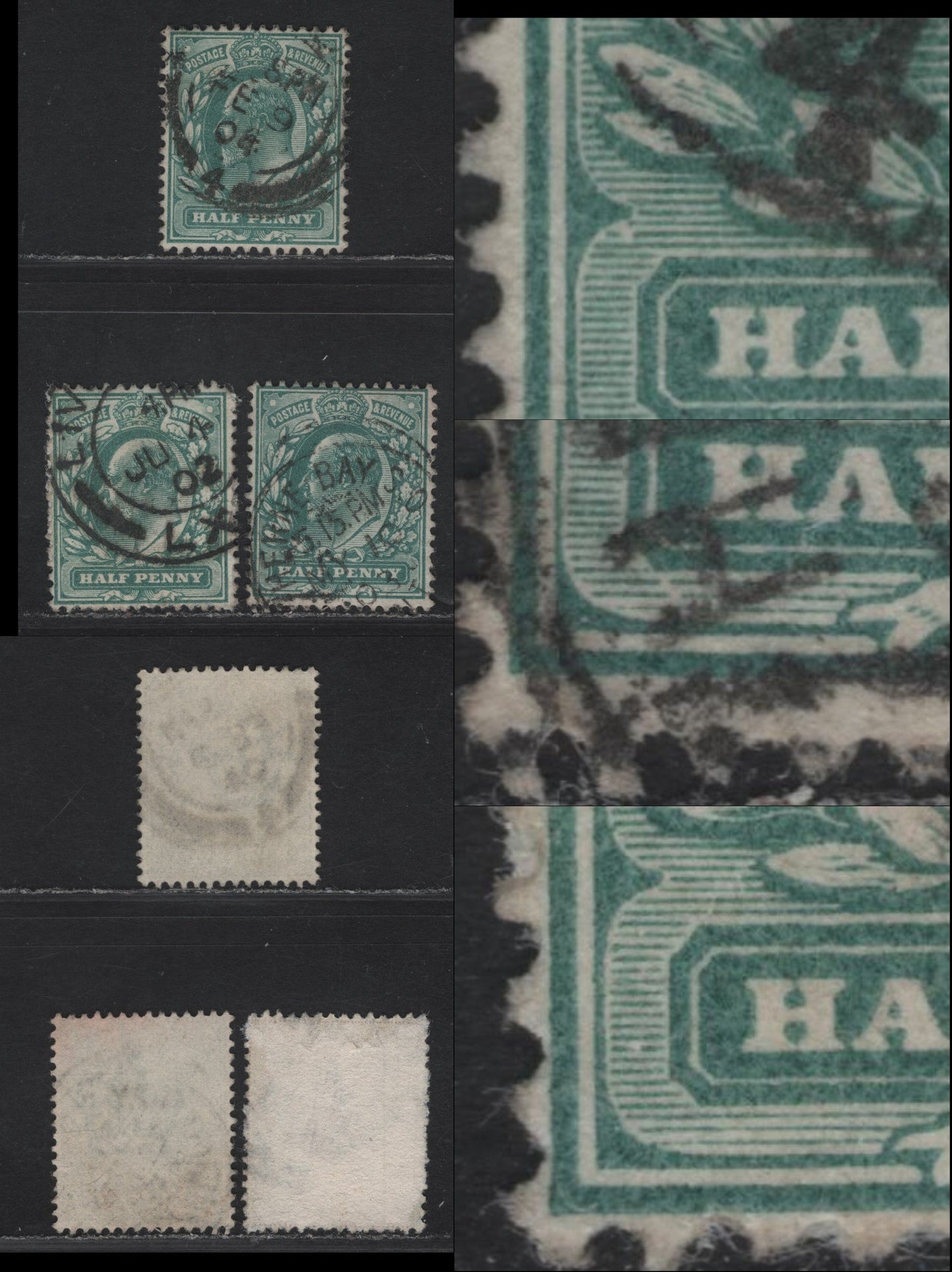 Lot 42 Great Britain SC#127-127a (SG#216var) 1/2d Blue Green - Dull Blue Green King Edward VII, 1902-1910 King Edward VII Issue, 3 Fine/Very Fine Used Singles, Showing Minor Horizontal Shading Breaks.