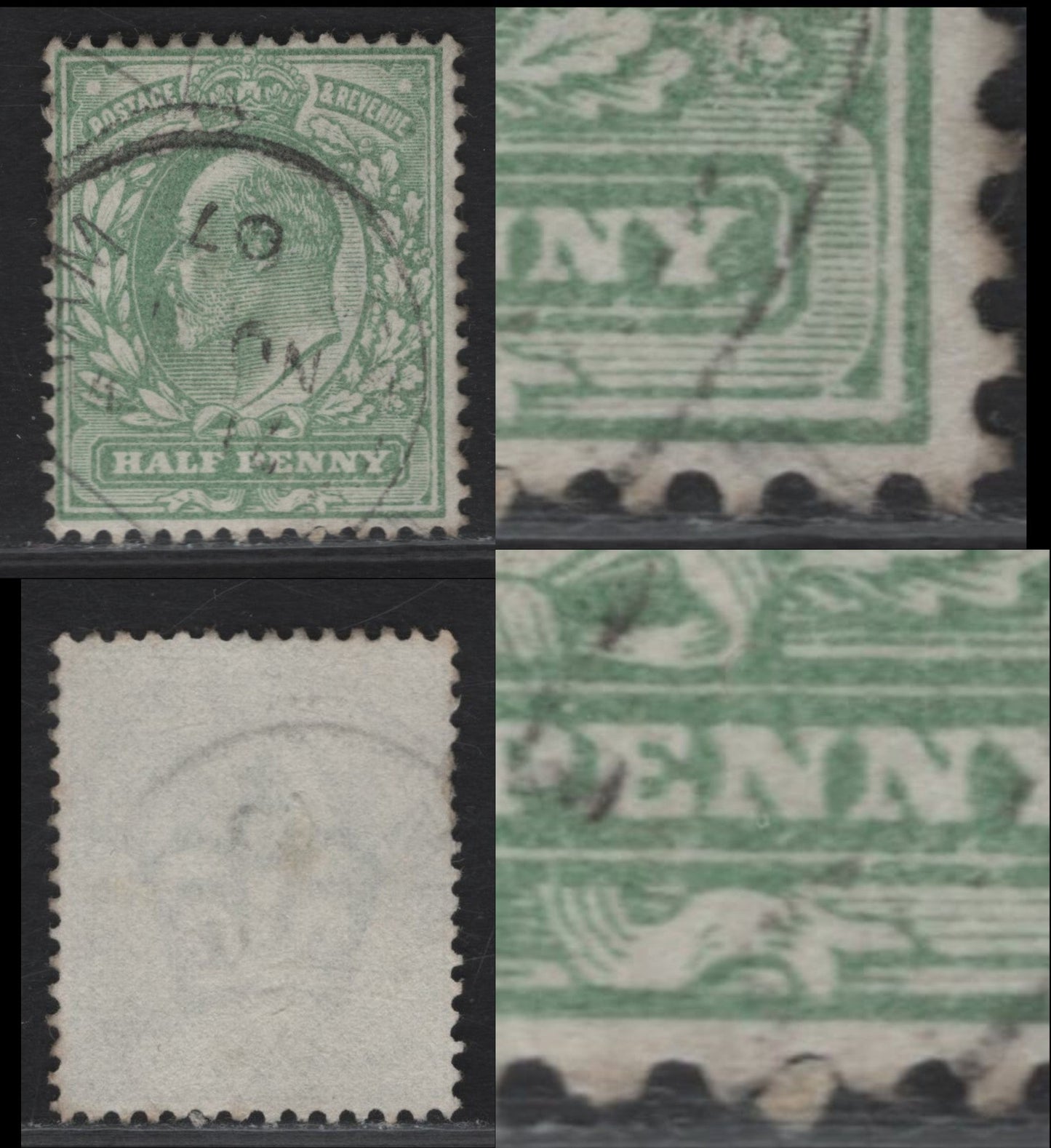 Great Britain SC#143var (SG#217var) 1/2d Pale Yellowish Green King Edward VII, 1902-1910 King Edward VII Issue, A Fine Used Single, Showing Plate Corrosion or Damage At Lower Right.