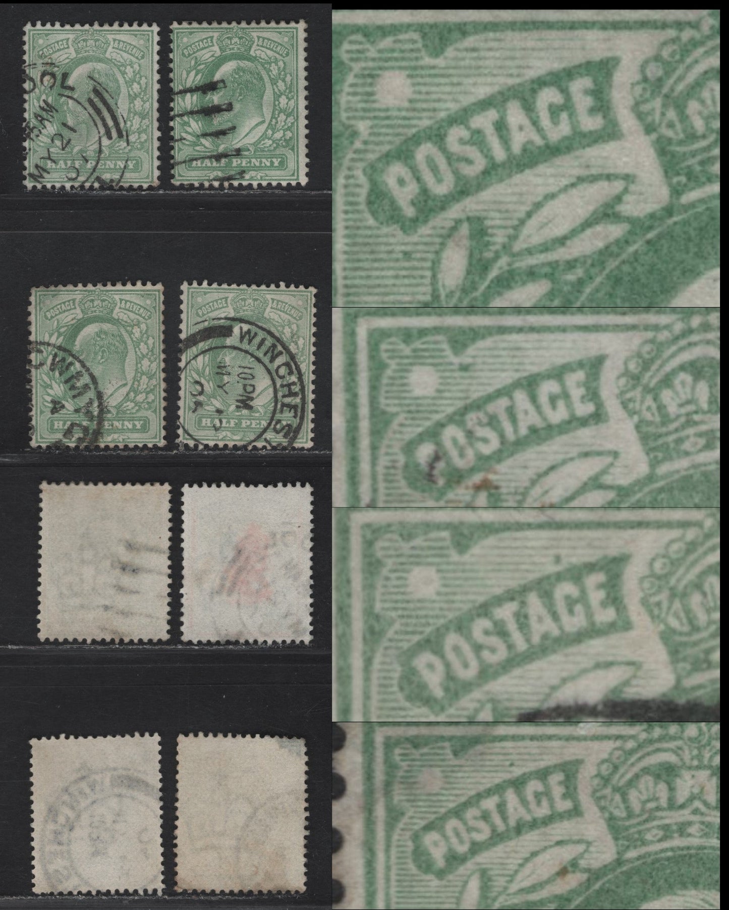 Lot 53 Great Britain SC#143-143avar (SG#217-218var) 1/2d Yellowish Green & Pale Yellowish Green King Edward VII, 1902-1910 King Edward VII Issue, 4 Fine/Very Fine Used Singles, All Showing Errant Dots Around Postage Panel.