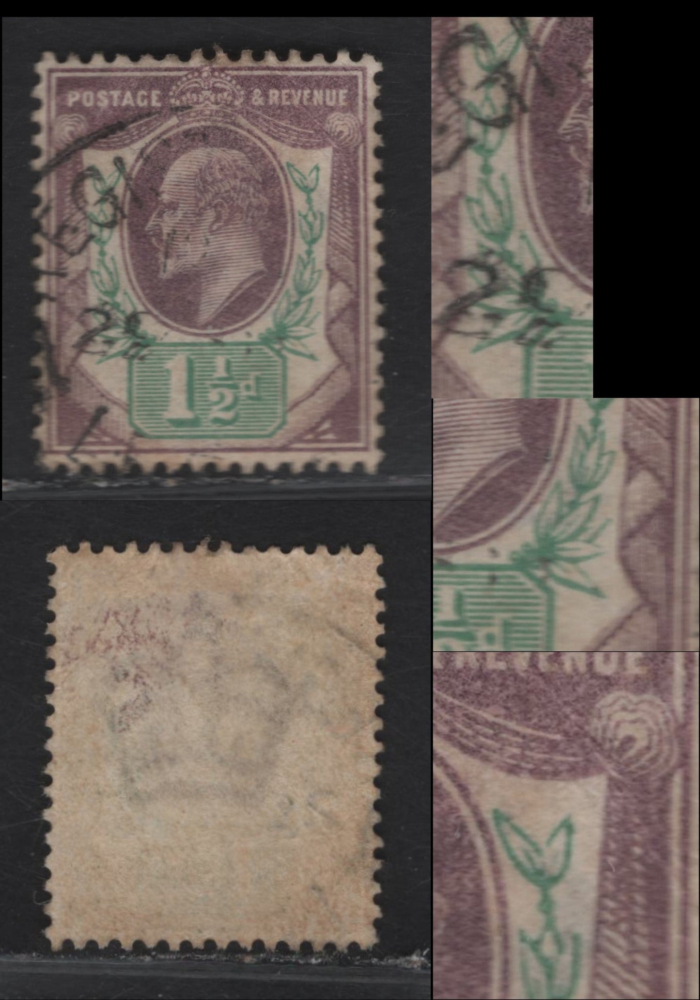 Lot 79 Great Britain SC#129var (SG#221var) 1.5d Dull Purple & Green King Edward VII, 1902-1910 King Edward VII Issue, A Fine Used Single, DLR Printing, Showing Leaves In Complete In Several Spots