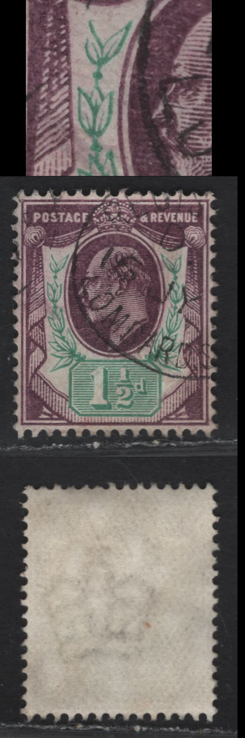 Lot 91 Great Britain SC#129evar (SG#224 (Spec M9(3))) 1.5d Deep Slate Purple & Green, 1902-1910 King Edward VII Issue, A Very Fine Used Single, DLR Printing, Chalky Paper, Showing Incomplete Leaf At UR, Light Unobtrusive Lombard St Registry Cancel.