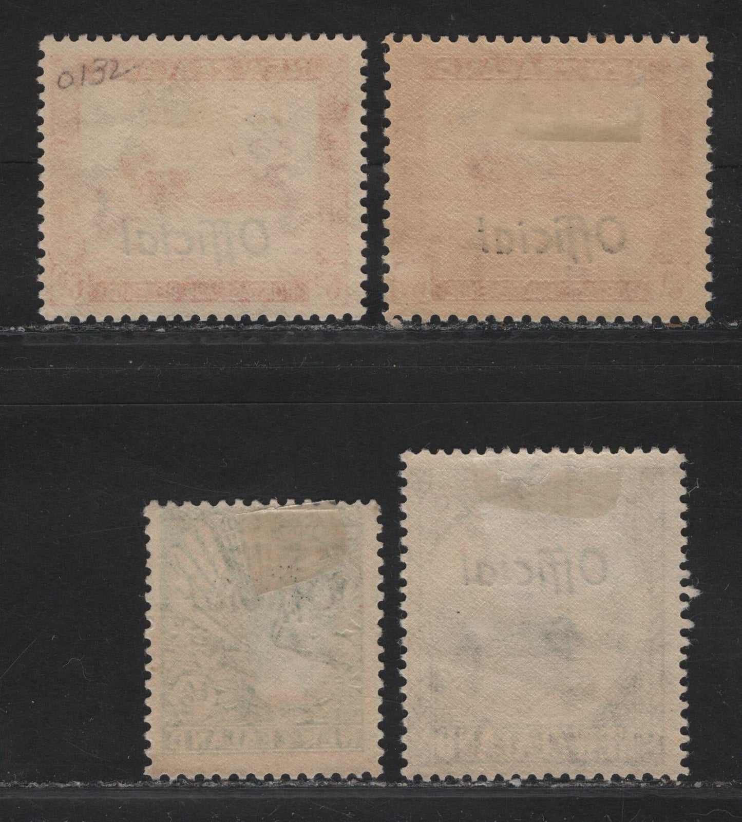 Lot 120 New Zealand SG#O120, O126a, O127,b 1/2d - 6d Bright Green - Scarlet Capt Cook at Poverty Bay, 1936-1961 Official Overprinted Pictorial Issue, 4 FOG Singles, Perfs 14, 13.5x14 & 12.5.