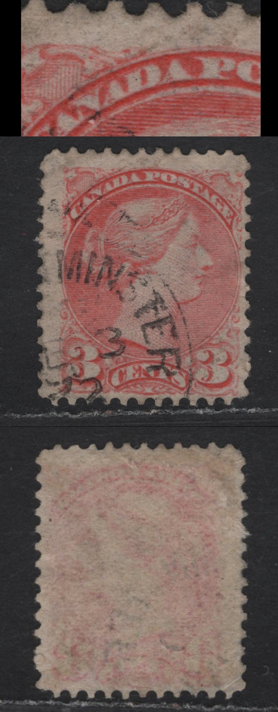 Lot 14 Canada #41var 3c Pale Rosy Vermillion Queen Victoria, 1888-1897 Small Queen Issue, A Fine Used Single, Paper 2O-HH, Perf 12x11.9, Showing Re-Entry In 'N' & In Oval Below ADA of Canada.