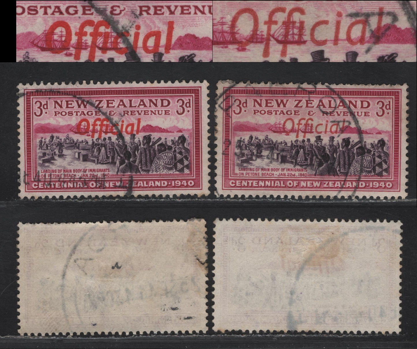 Lot 156 New Zealand SG#O146 & O146var 3d Purple & Carmine Landing Of Immigrants, 1940 Official Overprinted Centenary Of Settlement Issue, 2 Very Fine Used Singles, Brownish Red & Bright Red Overprints.