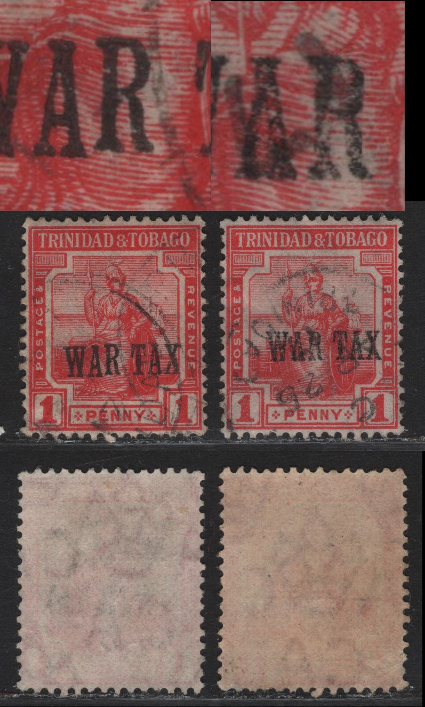 Lot 168 Trinidad & Tobago SG#176 & 176var 1d - 1/2d Red Seated Britannia, 1915-1917 War Tax Overprinted Issue, 2 Fine/Very Fine Used Singles, Showing A Raised 'R' In 'War', Unlisted