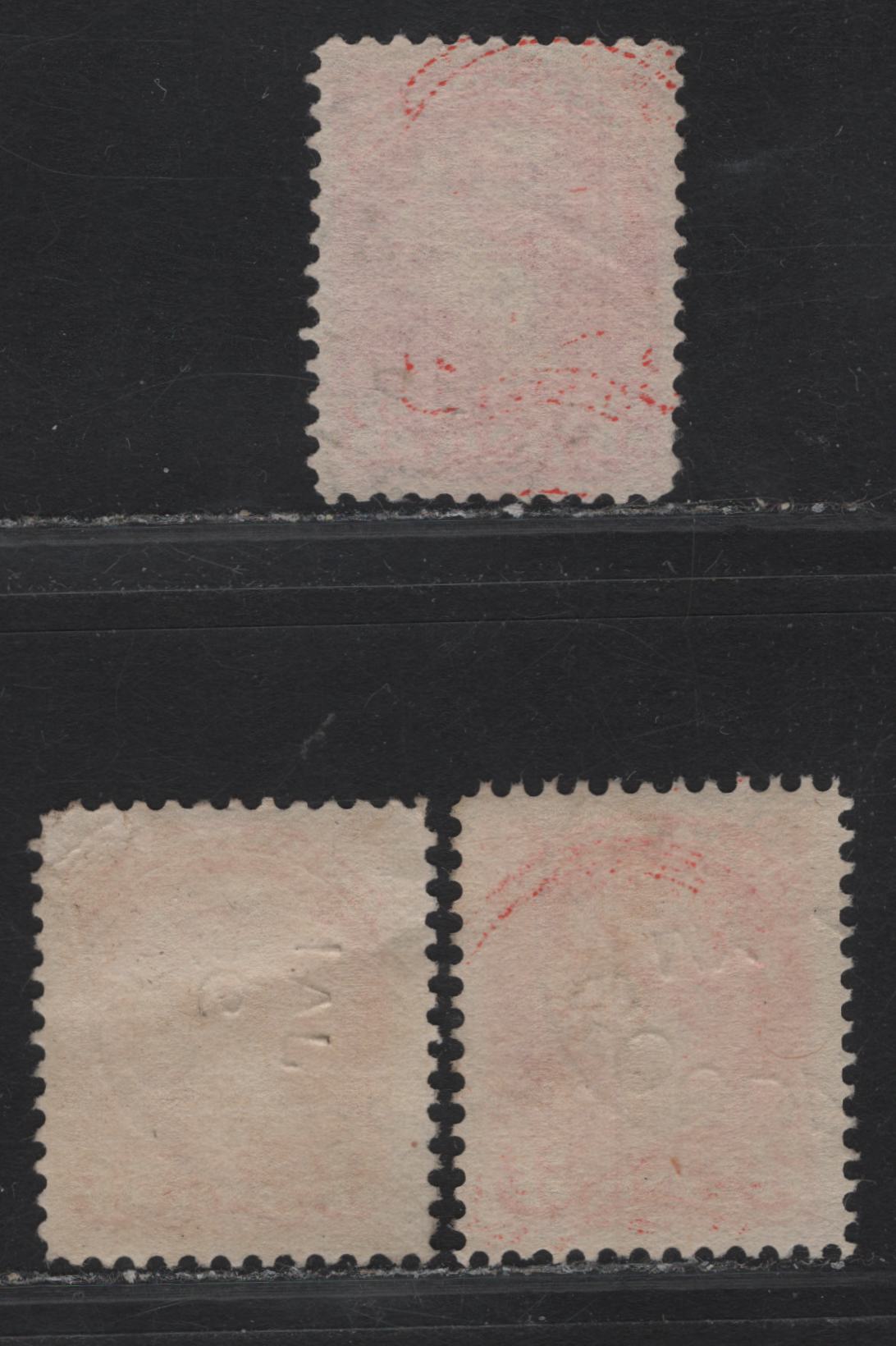 Canada #41 3c Deep Vermillion - Deep Orange Vermillion Queen Victoria, 1888-1897 Small Queen Issue, 3 Very Fine Used Singles, Papers 2O-E, 2O-I & 2O-KK, 1894 Dated Cancels.