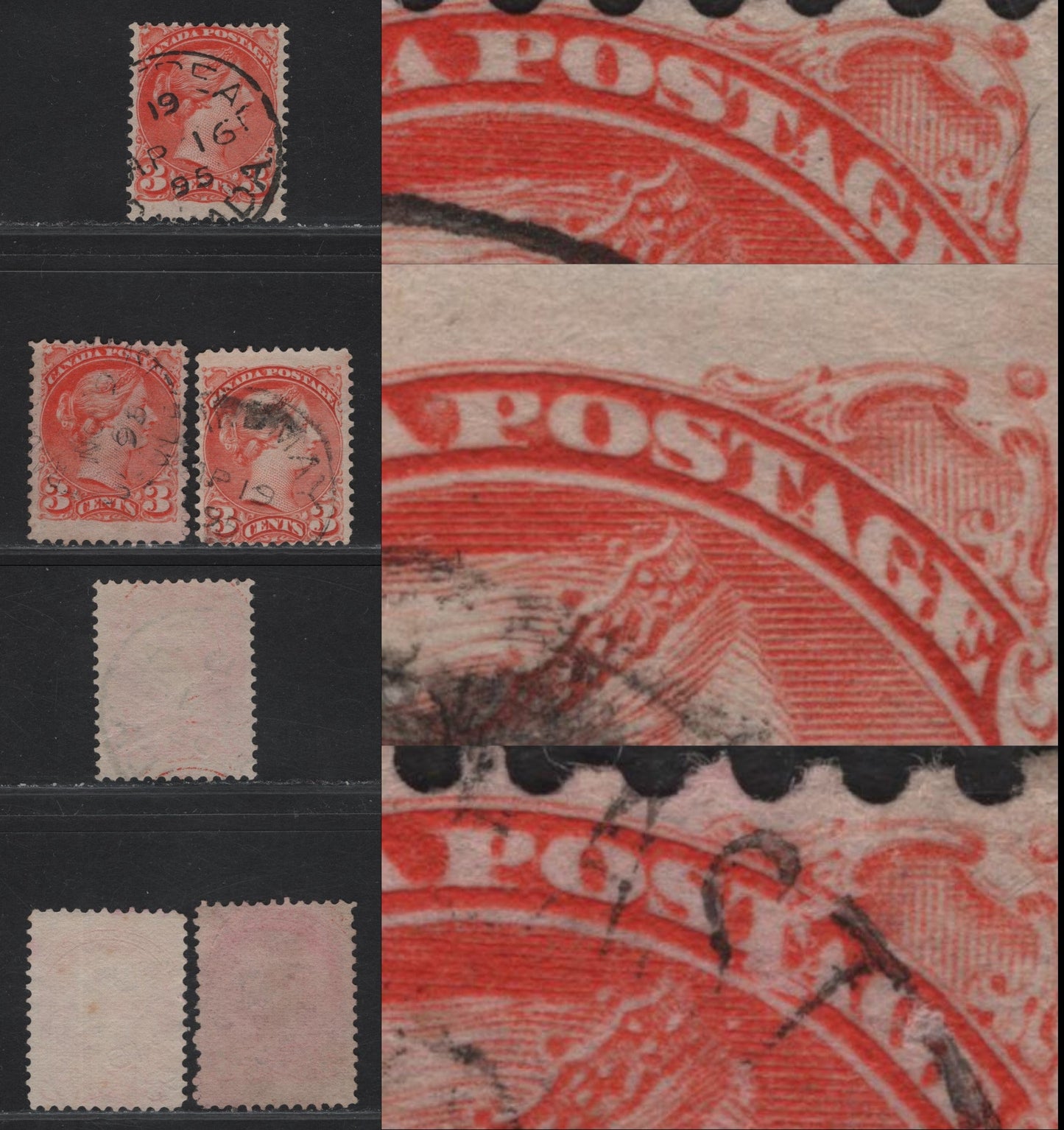 Lot 60 Canada #41 3c Orange Vermillion , 1888-1897 Small Queen Issue, 3 Fine Used Singles, Mid to Late 2nd Ottawa Printings, Papers 2O-II & 2O-KK, Showing Dot Below 'G', Weak Shading Around 'P' & Dry Inking Around 'T' Of Postage.