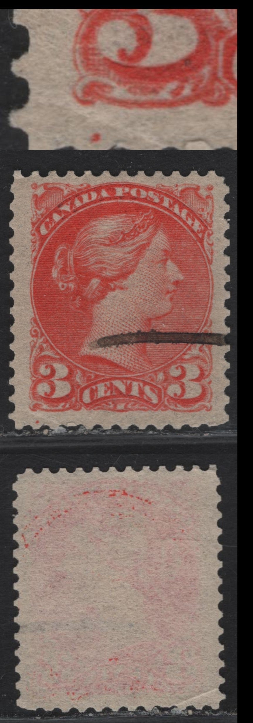 Lot 6 Canada #41var 3c Deep Vermillion Queen Victoria, 1888-1897 Small Queen Issue, A Fine Used Single, Second Ottawa Printing, Paper 2O-KK (Transluscent), Errant Pos. Dot At LL.