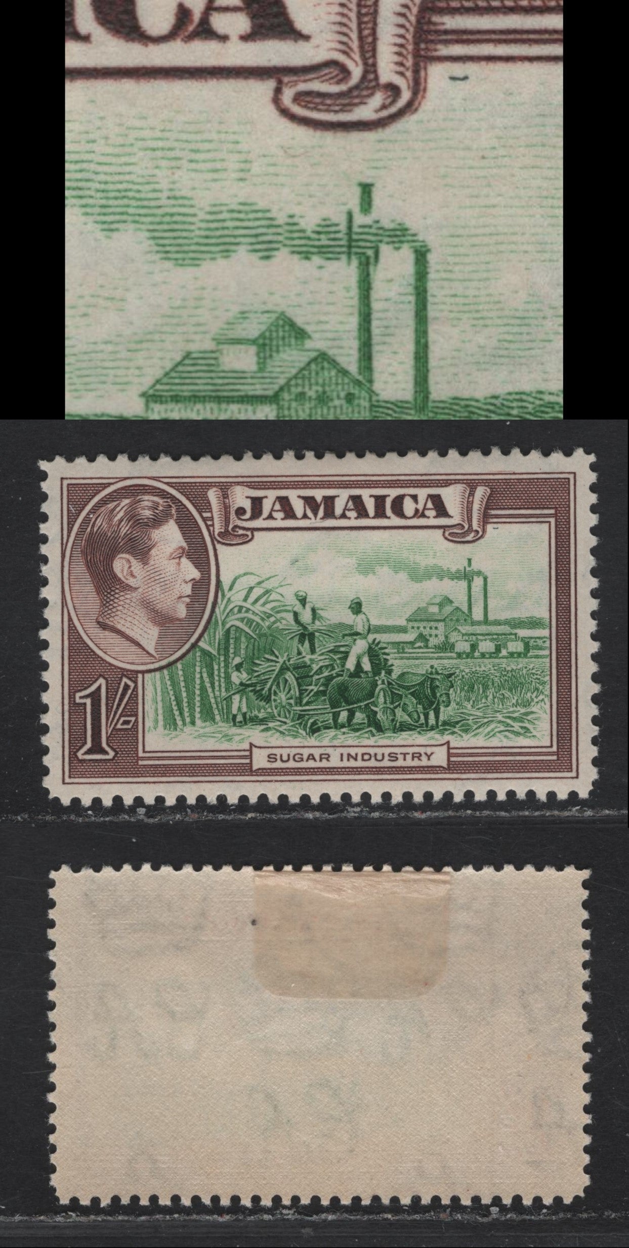Lot 245 (C) Jamaica SG#130a 1/- Green & Purple Brown Sugar Industry, 1938-1952 Pictorial Issue, A VFOG Single, Repaired Chimney Variety, Wartime Printing