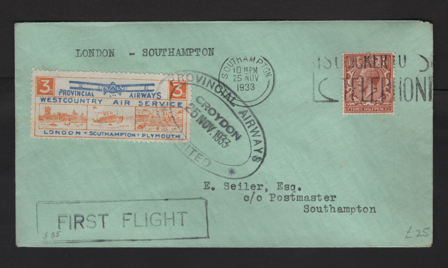 Lot 318 (C)Great Britain SG#420 1.5d Red Brown - Blue & Orange Yellow King George V, 1924-1926 King George V Issue, A Very Fine Used Cover, Provincial Airways First Flight For The London-Southampton Flight, Nov 25 1933