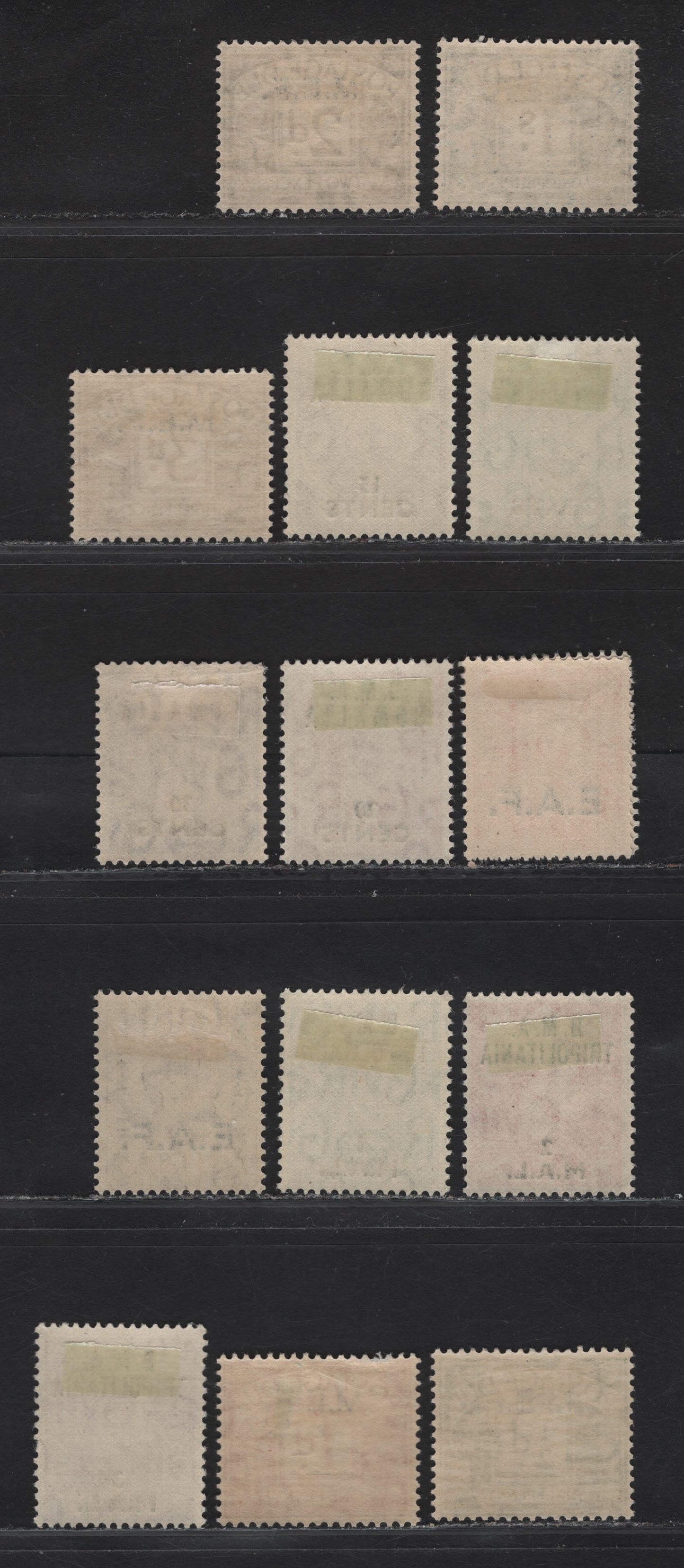 Lot 401 British Occupation of Italian Colonies SG#MD1-MD5, S10-S12, S14, T1-3, S2, S5, S7 1/2d - 1.5d Emerald - Red Brown King George VI - Numerals, 1942-1950 Overprinted Issue, 14 F/VFOG Singles