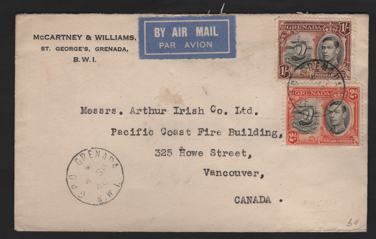 Lot 136 Grenada SG#156, 160 2d - 1/- Black & Orange - Black & Brown Badge of the Colony, 1938-1950 KGVI Caravel Definitive Issue, A Very Fine Used Cover, Combination Usage On 1940 Cover To Canada