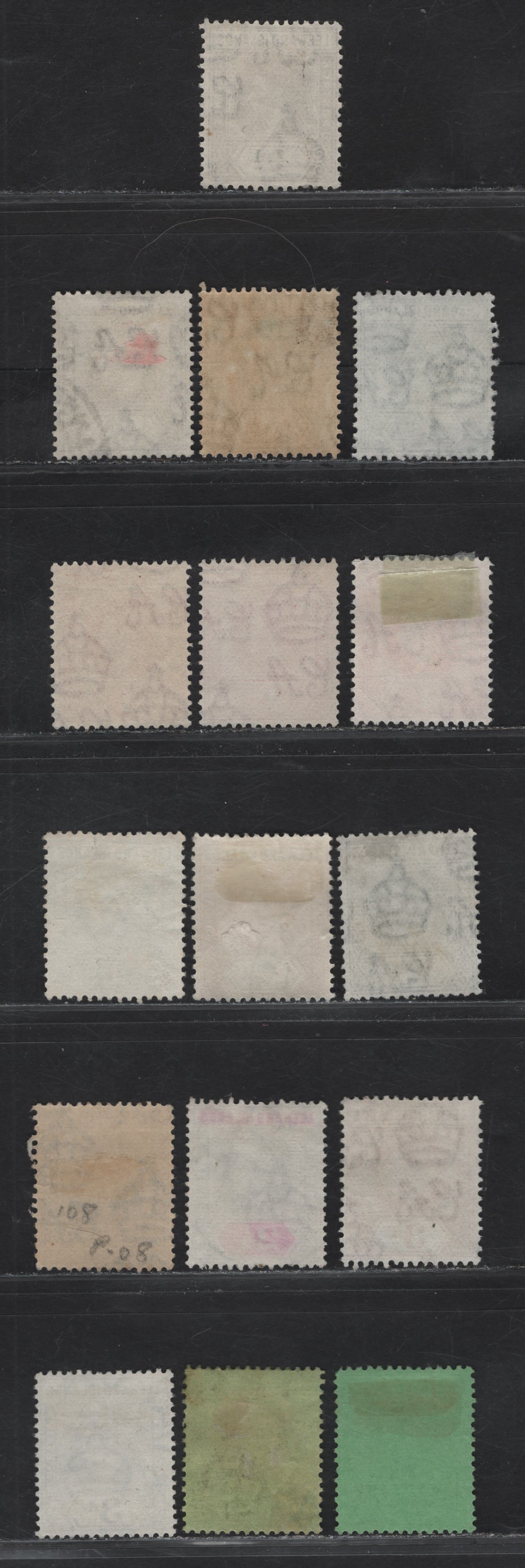 Lot 165 (C) Leeward Islands SG#95-96, 98-99,c, 100, 102-103, 105a, 106, 107a, 108, 110,b 1/4d - 1/- Brown - Black on Emerald King George VI, 1938-1951 KGVI Keyplate Issue, 16 Fine/Very Fine Used Singles
