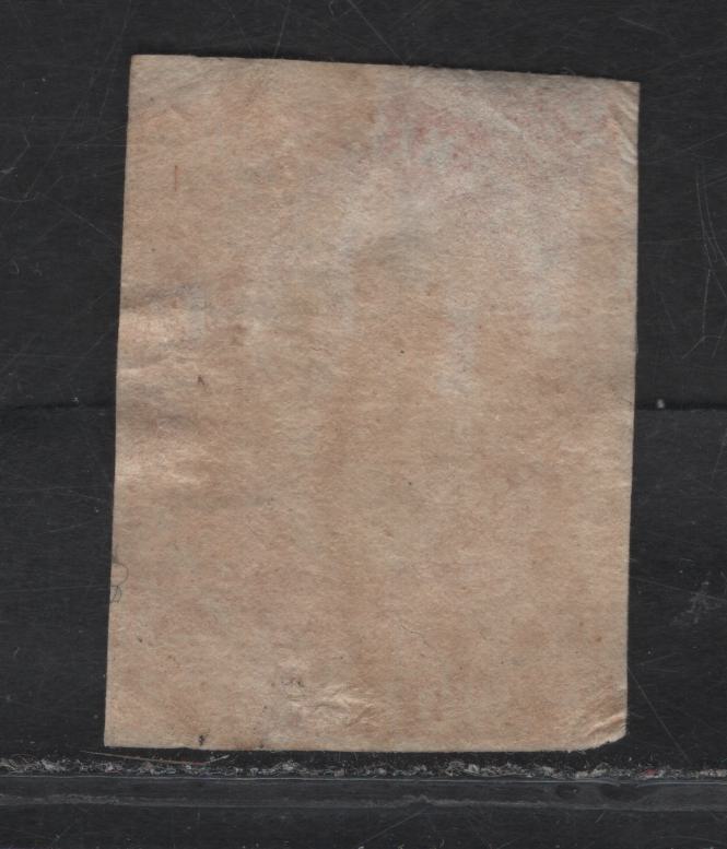 Lot 281 (C) Newfoundland SG#2f 2d - 1/- Scarlet Vermillion Flower Heraldry, 1857 Pence Issue, An Ungraded Used Imperf Single, Crude Lithographed Forgery, Close Margins, Internal Wrinkle At Top & Shallow Thin.