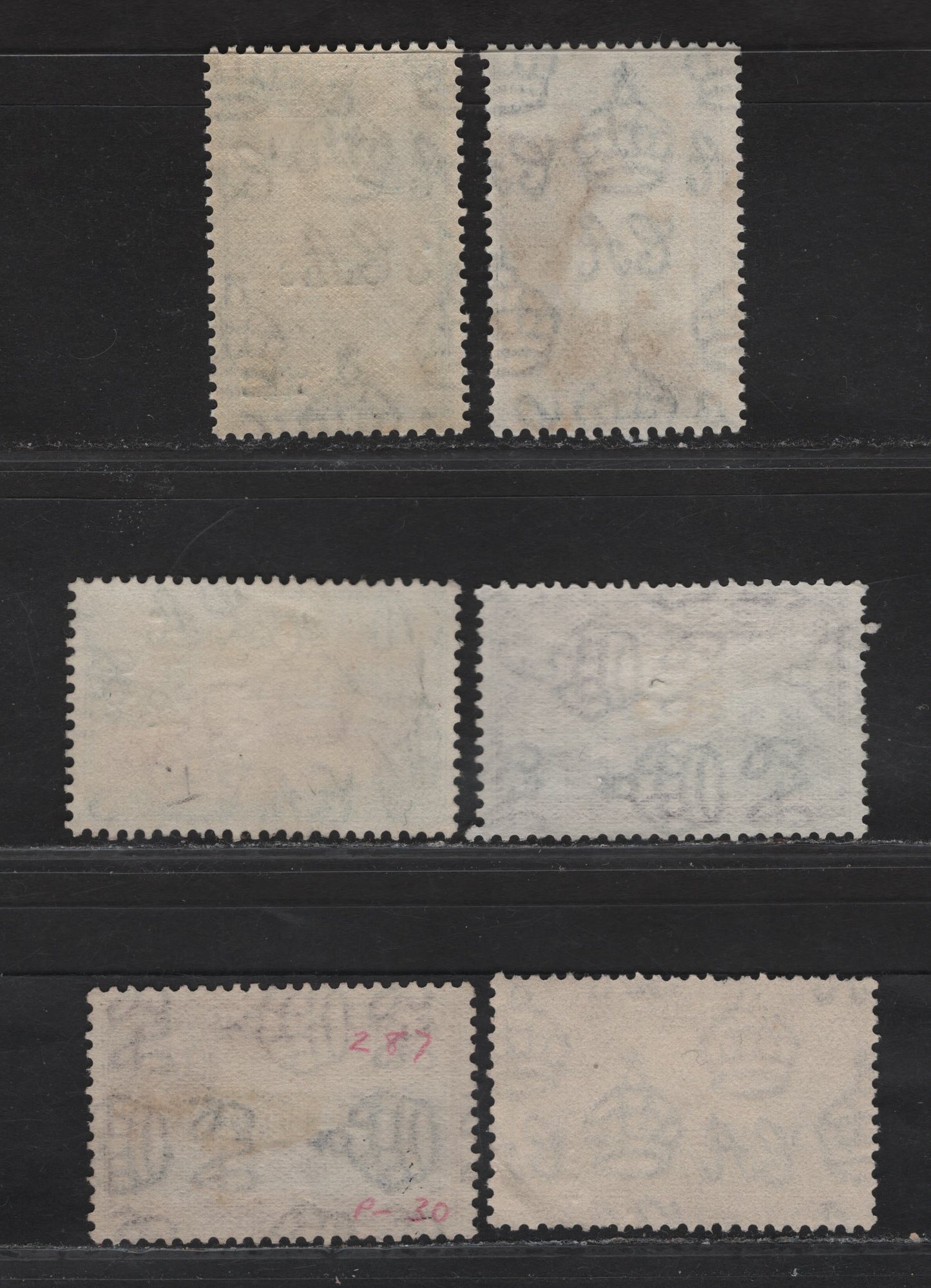 Lot 96 (C) Ceylon SG#393b, 398-399, 395-a 30c - 3c on 6c Scarlet & Green - Black & Gray Blue Ancient Irrigation Tank - Trincomalee, 1938-1941 KGVI Pictorial & Surcharged Issues, 6 Fine/Very Fine Used Singles, 30c Has Upright Wmk, 1R Sideways & Upright Wmk