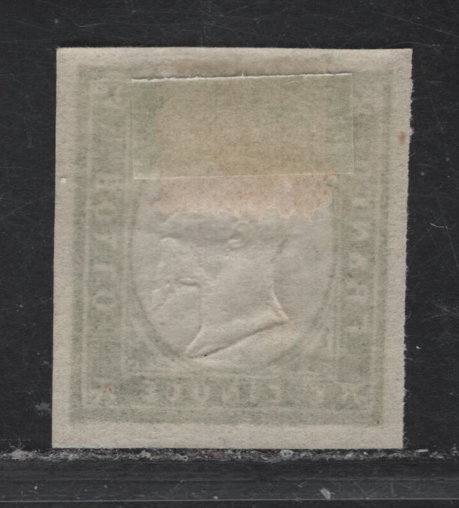 Lot 1 Sardinia SC#10a 5c Yellow Green Victor Emmanuel II, 1855-1863 Embossed Victor Emmanuel II Issue, A VFOG Imperf Single, Late Printing, Blurred Frameline