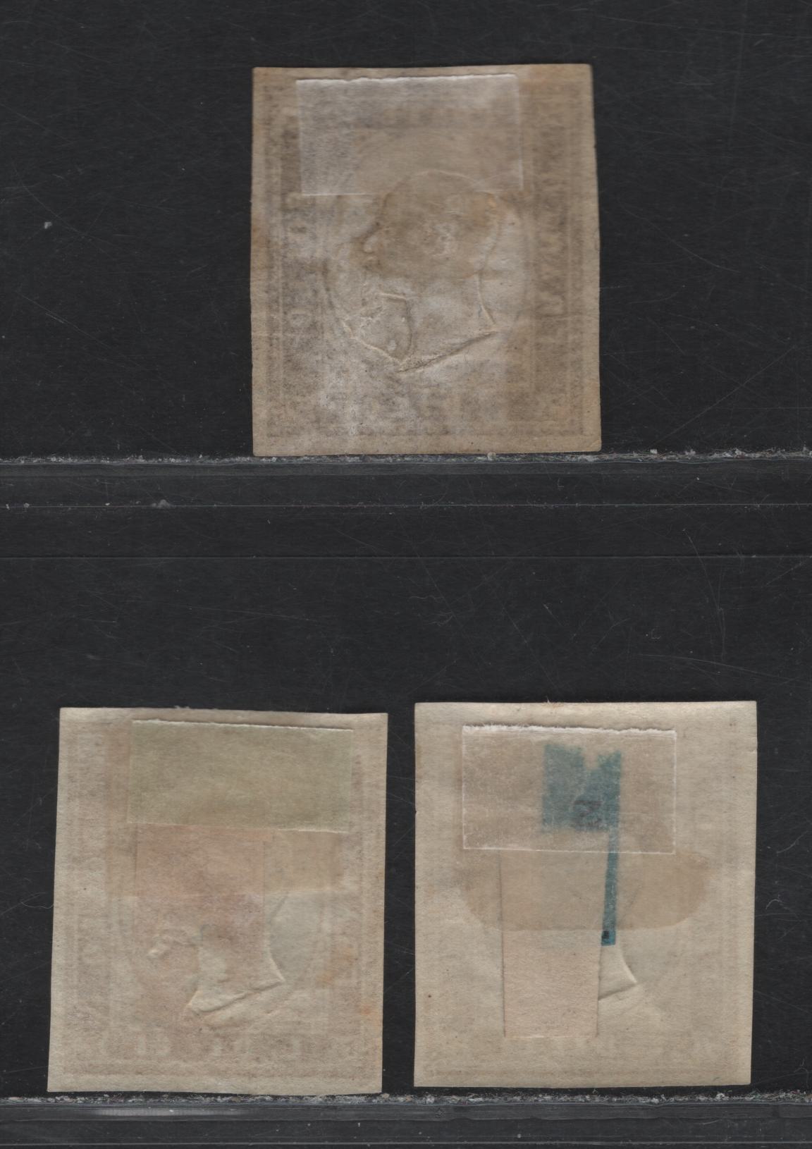 Lot 3 Sardinia SC#11, 11a, 11h 10c Grayish Brown, Ochre & Bistre Victor Emmanuel II, 1855-1863 Embossed Victor Emmanuel II Issue, 3 FOG & Fine Unused Imperf Singles, Some Natural Gum Creases