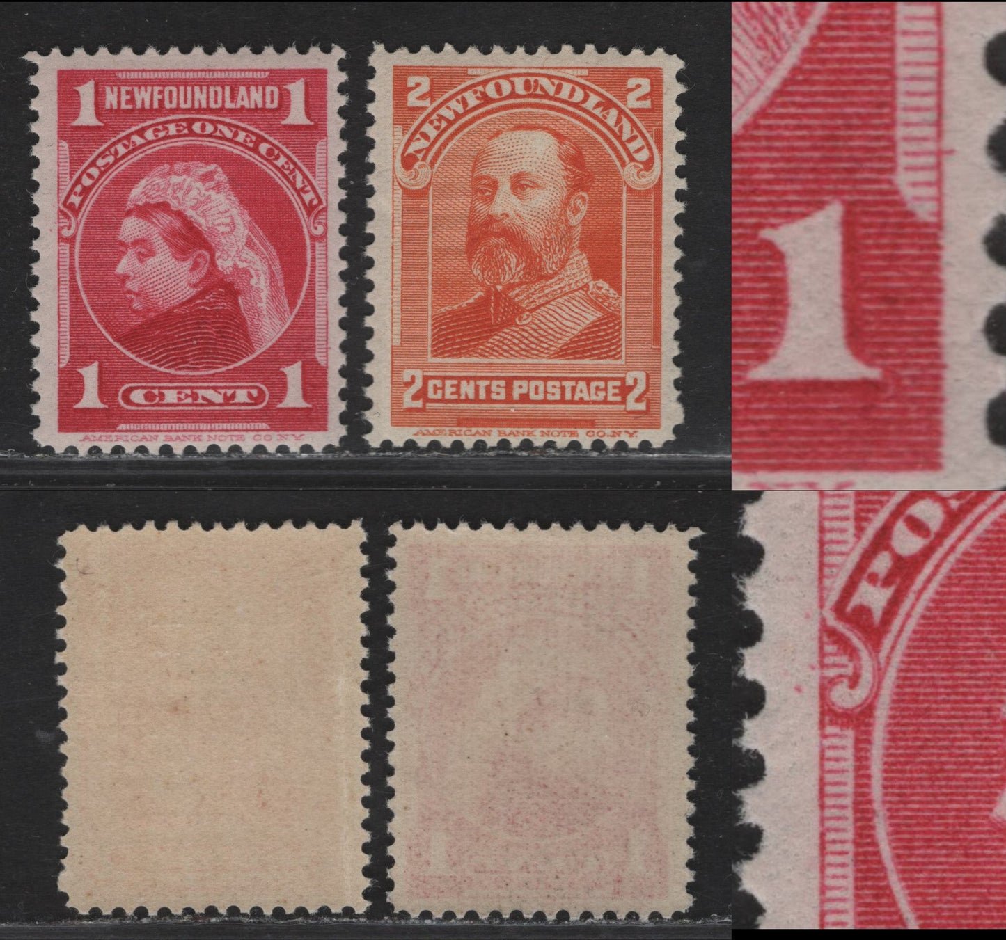 Lot 61 (C) Newfoundland #79, 81 1c - 2c Carmine Rose - Orange Queen Victoria - King Edward VII, 1897-1901 Royal Family Issue, 2 VFNH Singles, Paper ABNN-A, 1c Shows Tumbling Stone Variety & Extended Shading Line Into Right Margin, Perf 12x11.9.