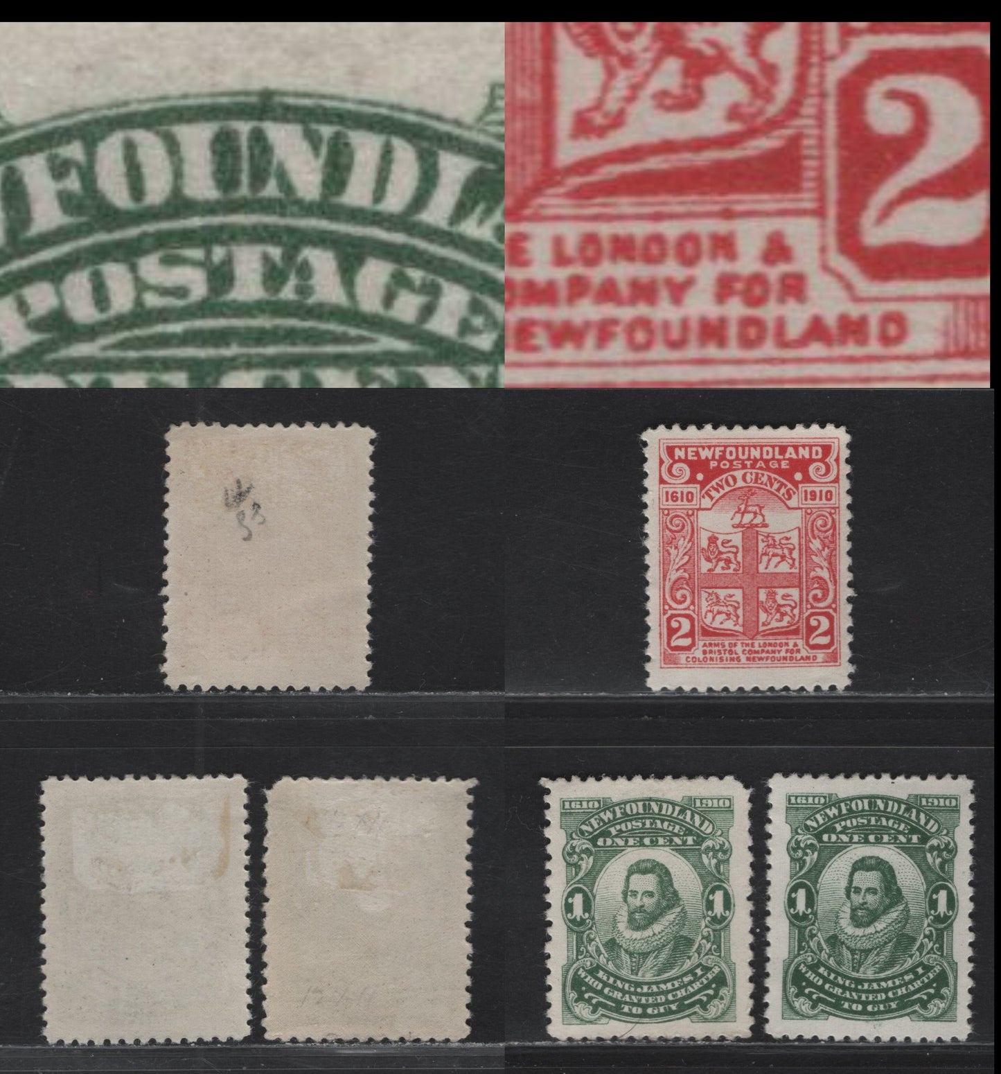 Lot 66 (C) Newfoundland #87,a, 88 1c - 2c Green - Carmine King James I - Coat of Arms, 1910 John Guy Issue, 3 VFOG Singles, Paper WM-A, Perfs 12x11 (1c Green), 11.75x12 (1c DeepGreen) And Perf 12 (2c)