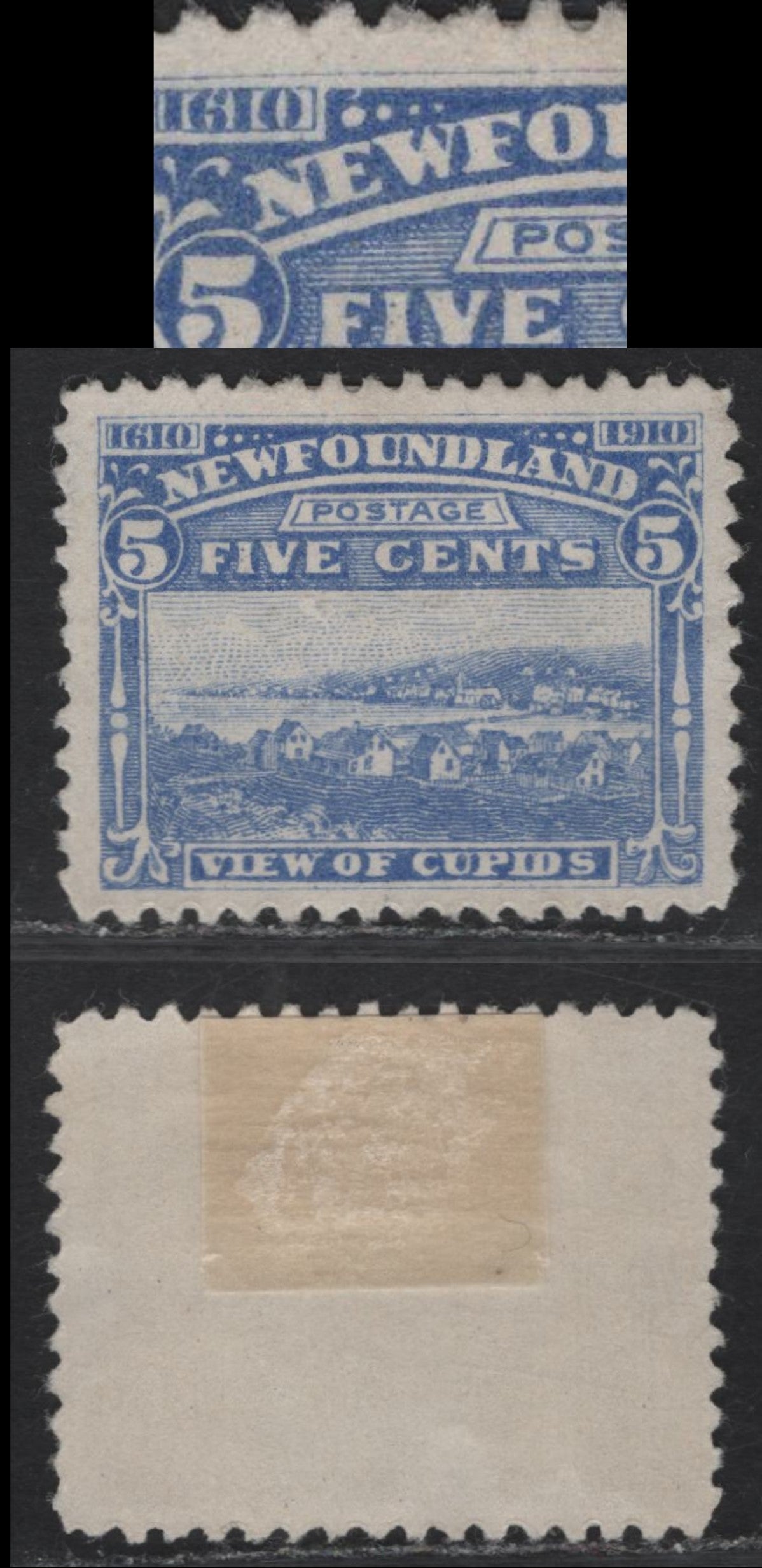 Lot 71 (C) Newfoundland #91 5c Ultramarine View of Cupids, 1910 John Guy Issue, A Very Fine Unused Single, Paper WM-A, Perf 11.8, Showing Unlisted Hook From Upper Frame Variety.