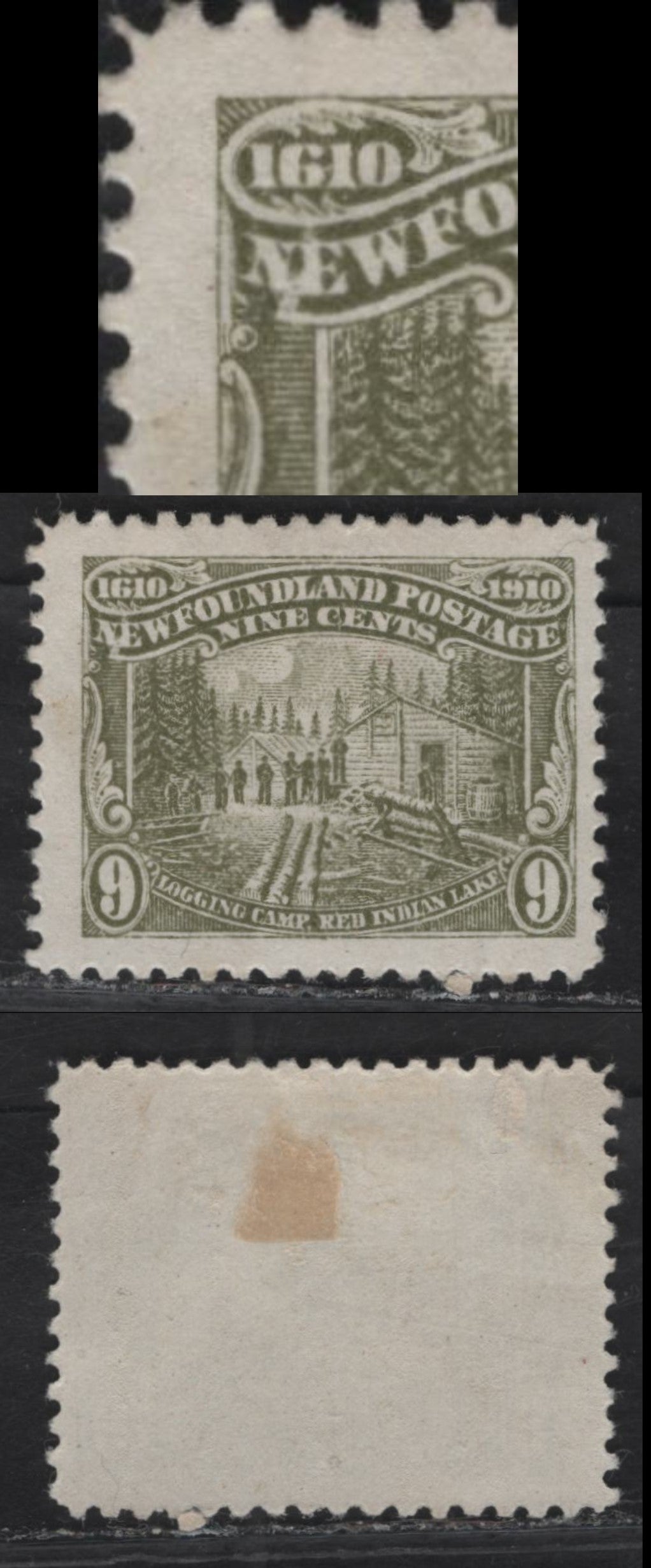 Lot 76 (C) Newfoundland #94 9c Olive Green Logging Camp, 1910 John Guy Issue, A FOG Single, Paper WM-A, Perf 11.8, Showing Unlisted Blob Under N of (C) Newfoundland And Damage Between NE of (C) Newfoundland.