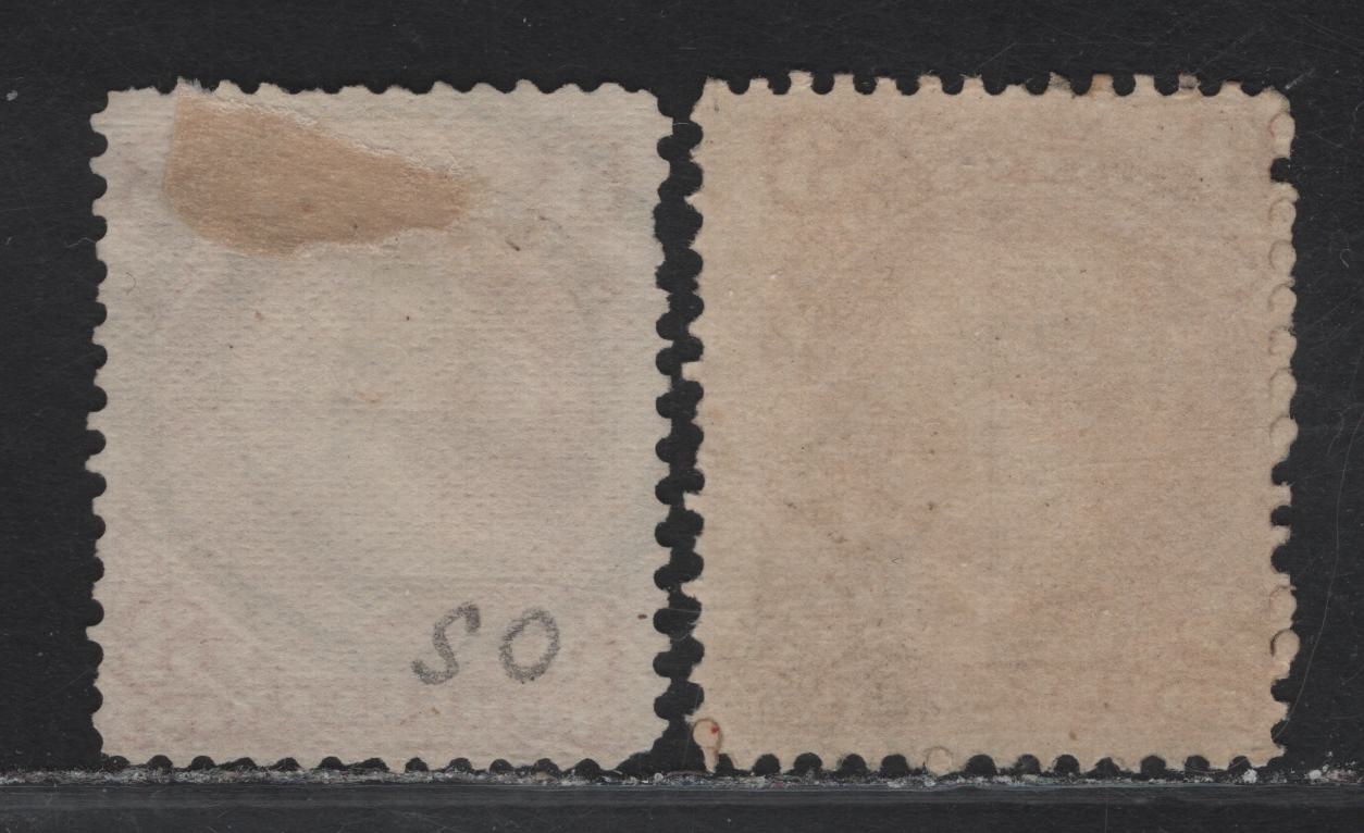 Lot 14 (C) Canada #25 3c Deep Copper Red - Dull Copper Red Queen Victoria, 1868-1876 Large Queen Issue, 2 Very Good/Fine Used Singles, Papers FO-N (Duckworth 4) & FO-O (Duckworth 10), Perfs 11.9 & 12, 2 Ring #7 Cancel (Saint John) & #3 (Belleville On).
