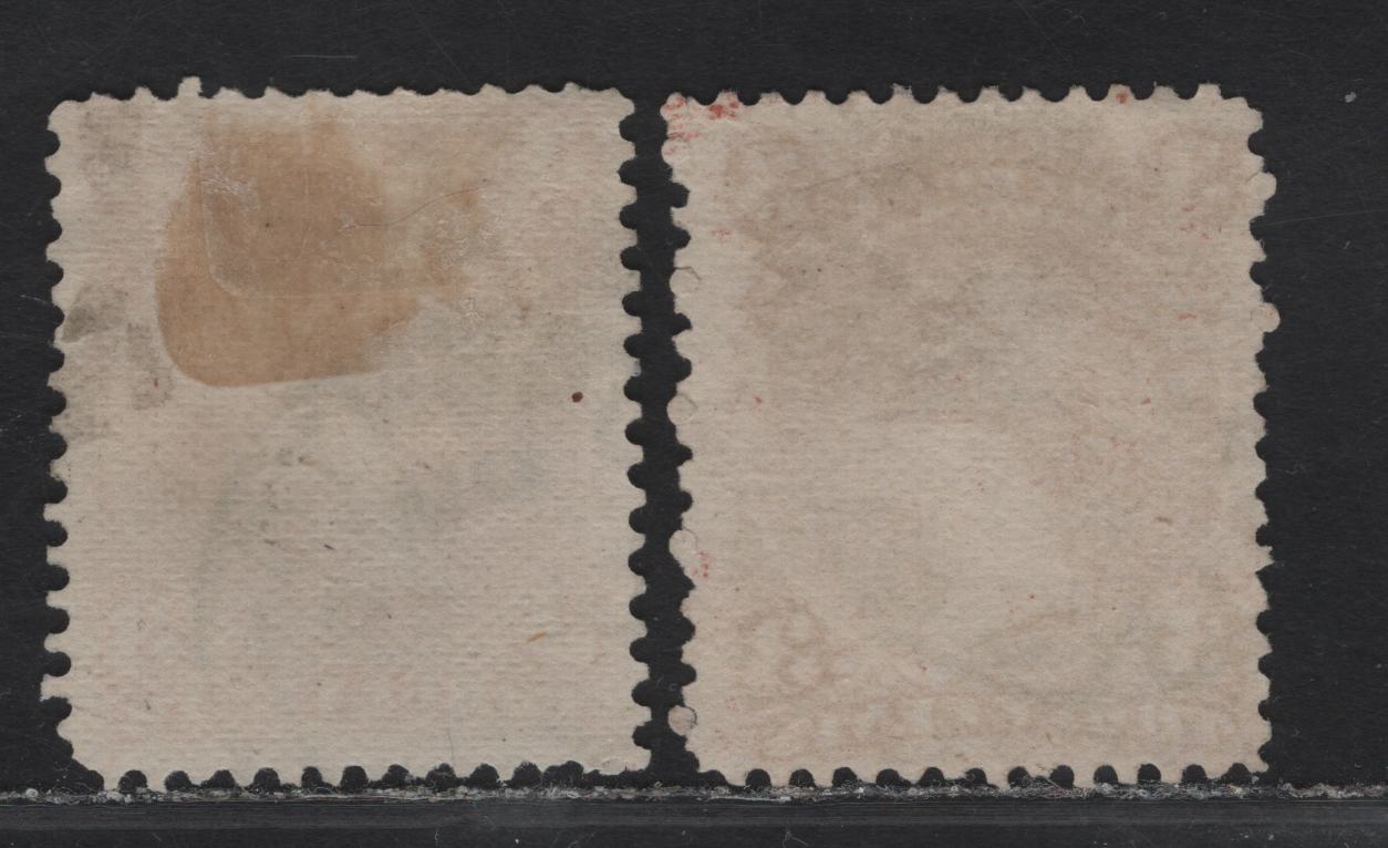 Lot 15 (C) Canada #25 3c Dull Copper Red - Indian Red Queen Victoria, 1868-1876 Large Queen Issue, 2 Fine Used Singles, Paper FO-O (Duckworth 10), Perf 11.9x12, May 31, 1869 & Dec. 29 1869 Toronto CDS Cancels.