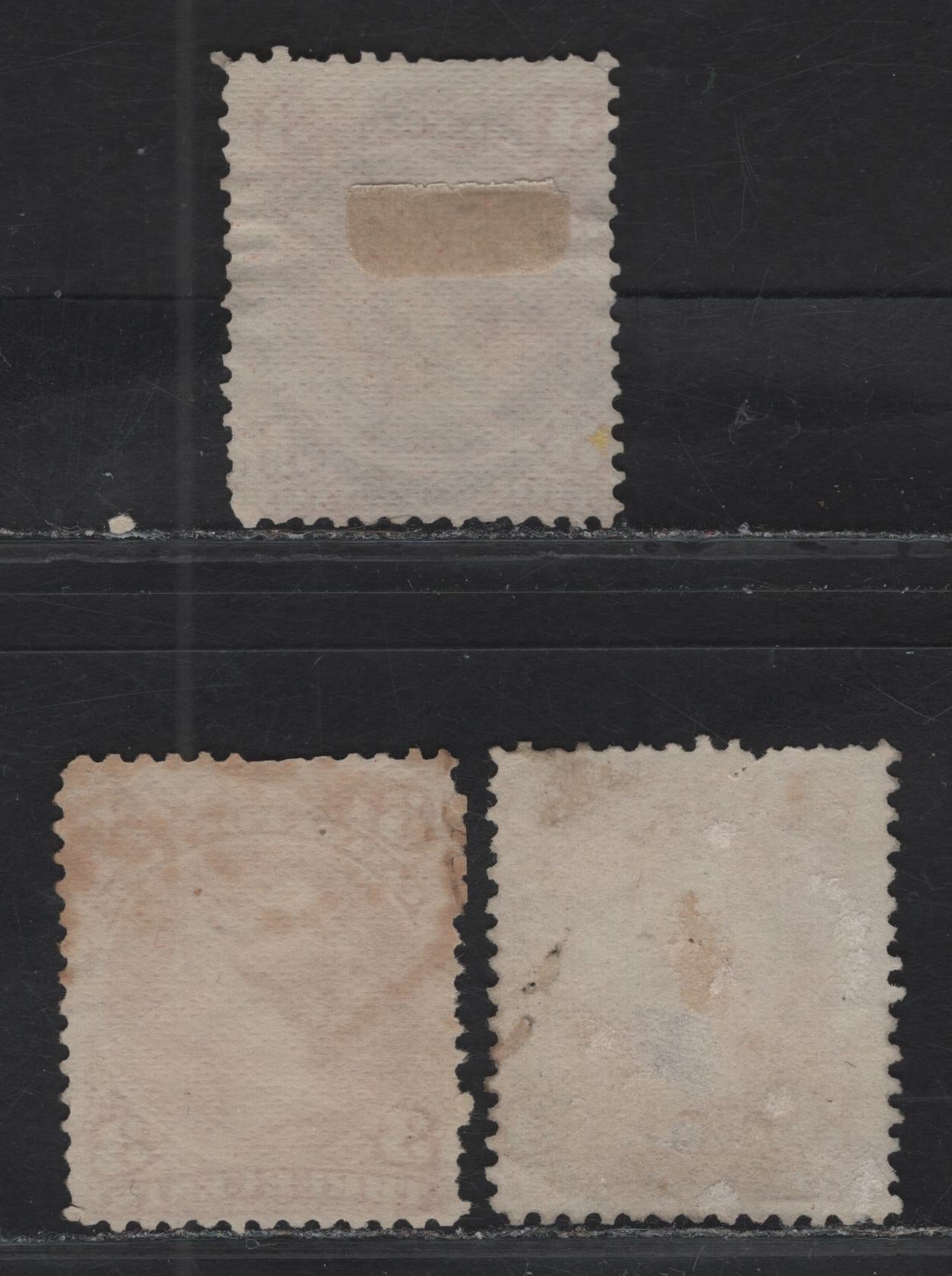 Lot 16 (C) Canada #25,I,ii 3c Deep Rose Red - Orange Red Queen Victoria, 1868-1876 Large Queen Issue, 3 Good/Very Good Used Singles, Papers FO-T (Duckworth 10), FO-O & FO-AA (Duckworth 4), Perfs 12.1x12.2, 11.8x12 & 12.1x12