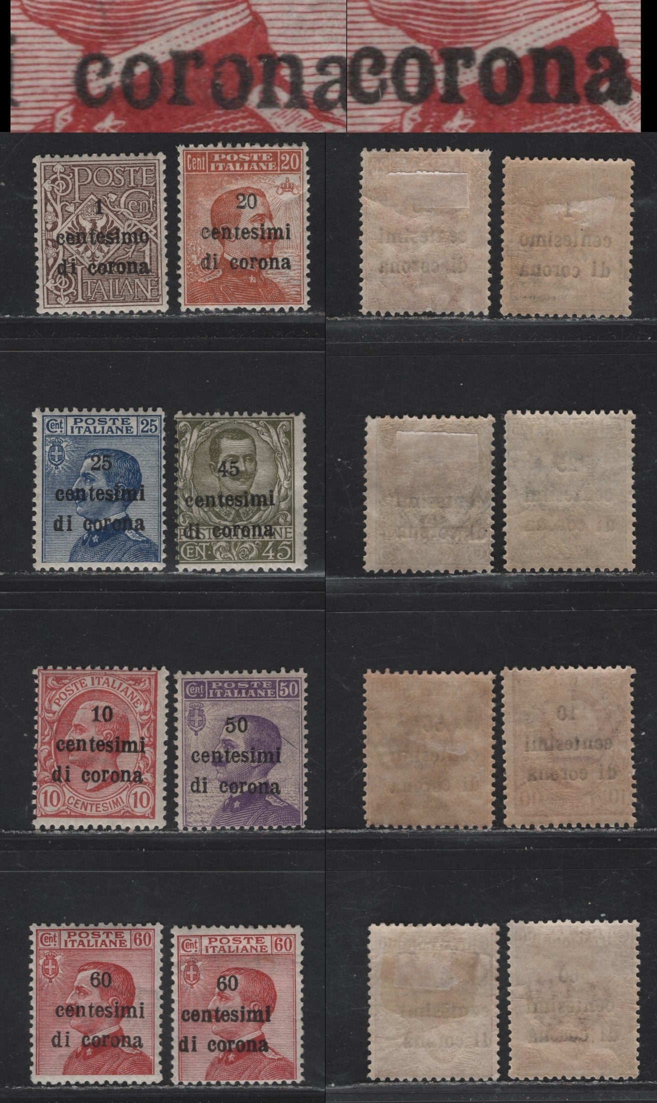 Lot 186 Austria #N64var/N73var 1c on 1c Brown - 60c on 60c Carmine, 1919 Overprinted Victor Emmanuel Definitives All Showing the Unlisted Raised "R" In "Corona", F/VF OG