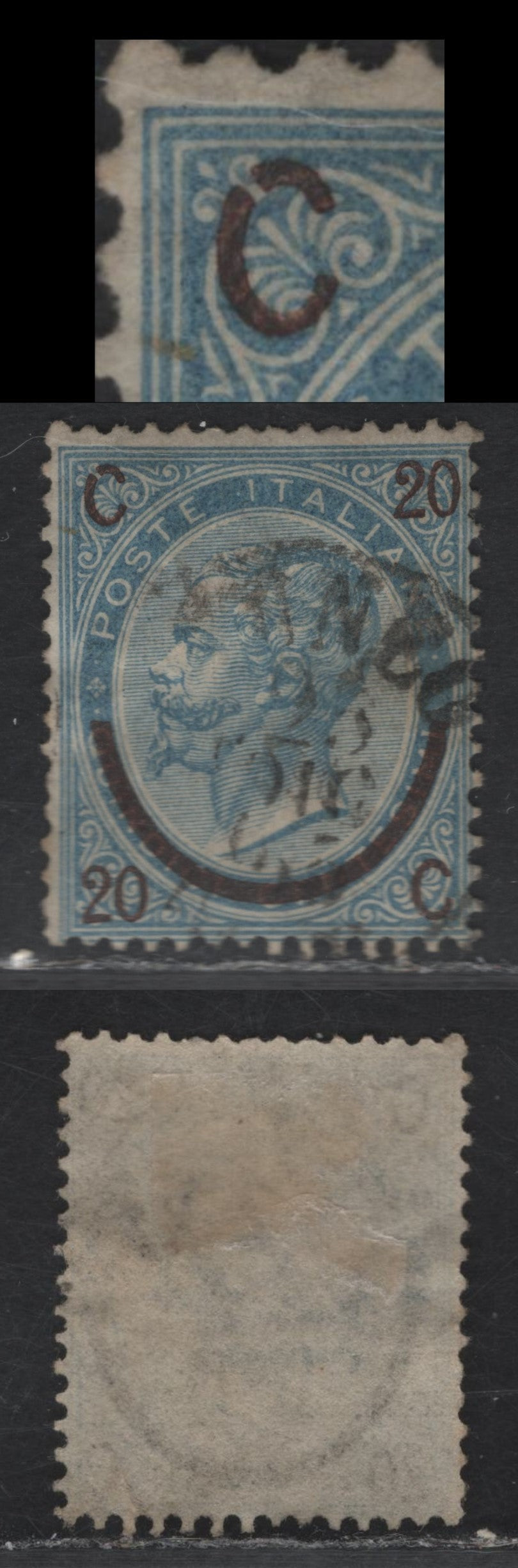 Lot 245 Italy SC#34 20c on 15c Blue Victore Emmanuel II, 1865 Surcharged Issue, A Fine Used Single, Type 1, Showing Broken 'C' in Upper Left Corner, Most Likely Constant.