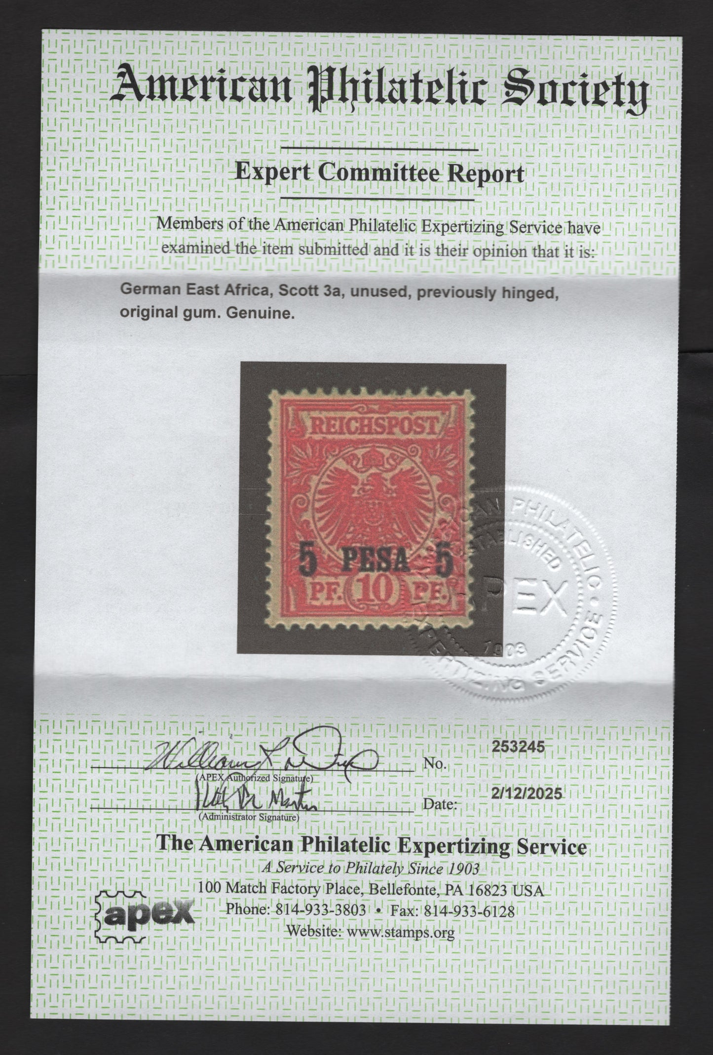 Lot 54 German East Africa SC#3a 5pes on 10pf Carmine Coat of Arms, 1893 Surcharged Issue, A VFOG Single, Surcharge 14.25mm Long With Clear 2025 APS Certificate