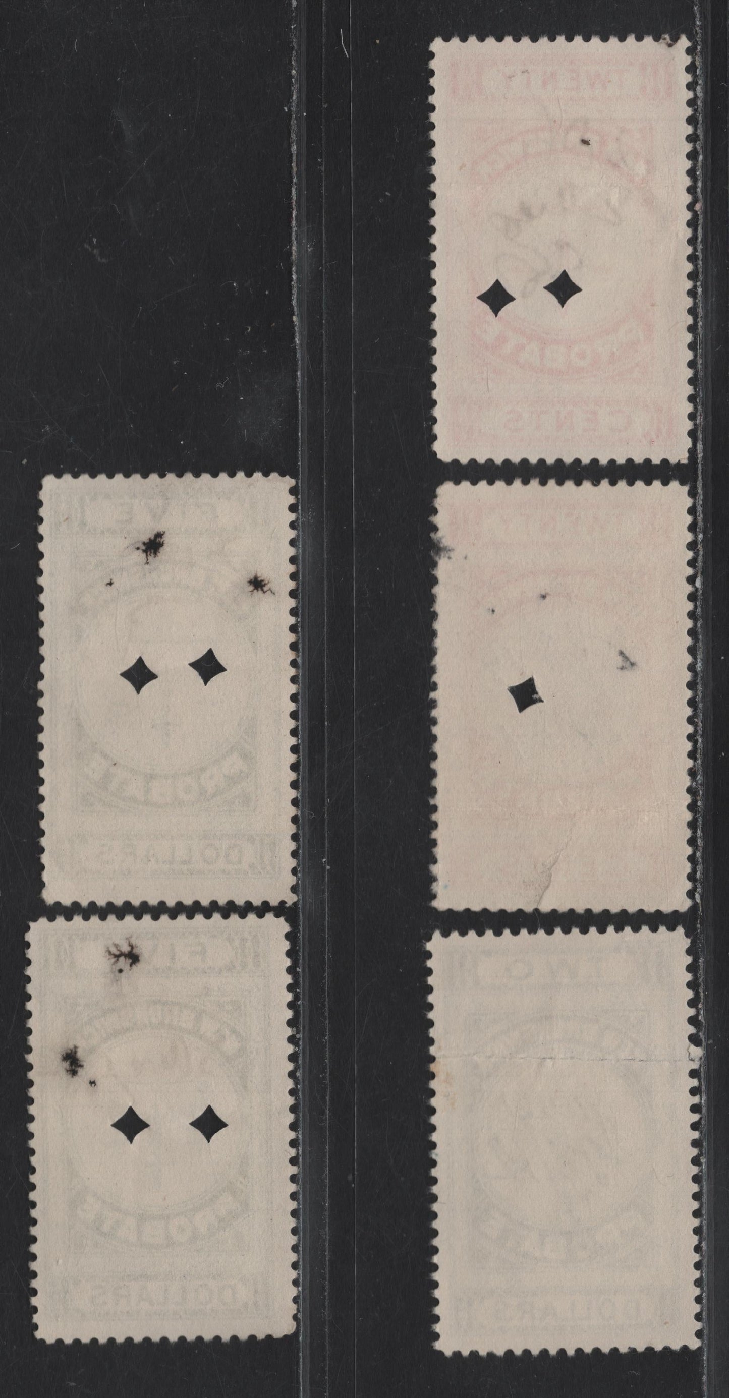 Lot 78 (C) New Brunswick Van Dam#NBP2, NBP4, NBP5 20c - $5 Vermillion - Green Scales, 1895 First Probate Issue, 3 Very Good Used Singles, Perfs 12 & 11.75, All With Punch Cancels & Visible Creases From Folding Of Documents These Were On