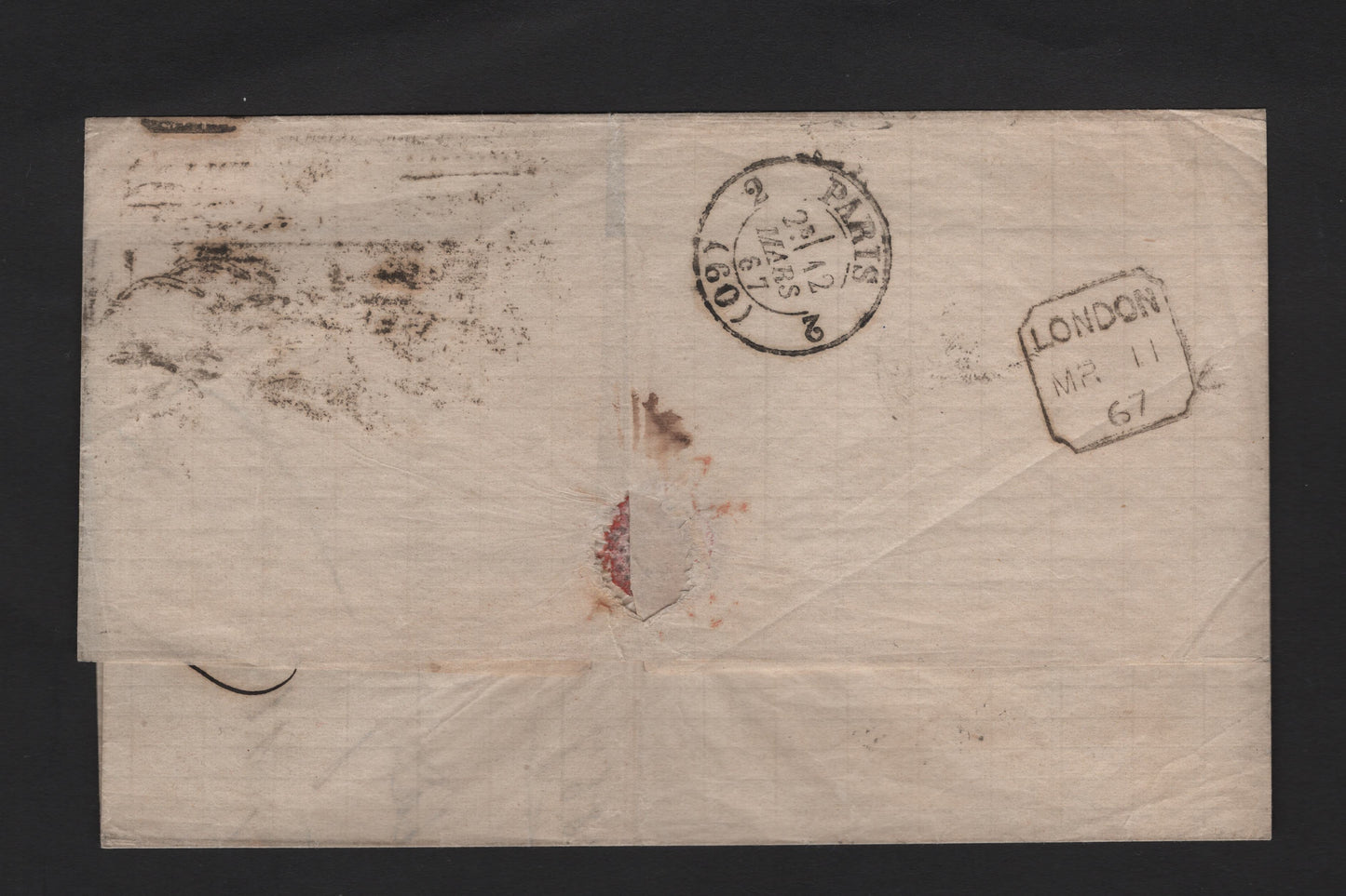 Lot 84 Great Britain SC#43a 4d Dull Vermillion , 1865 Surface Printed Issue, A Fine Used Single, Fine Folded Letter Sheet Franked With A Heavily Cancelled Single, Large White Corner Letters