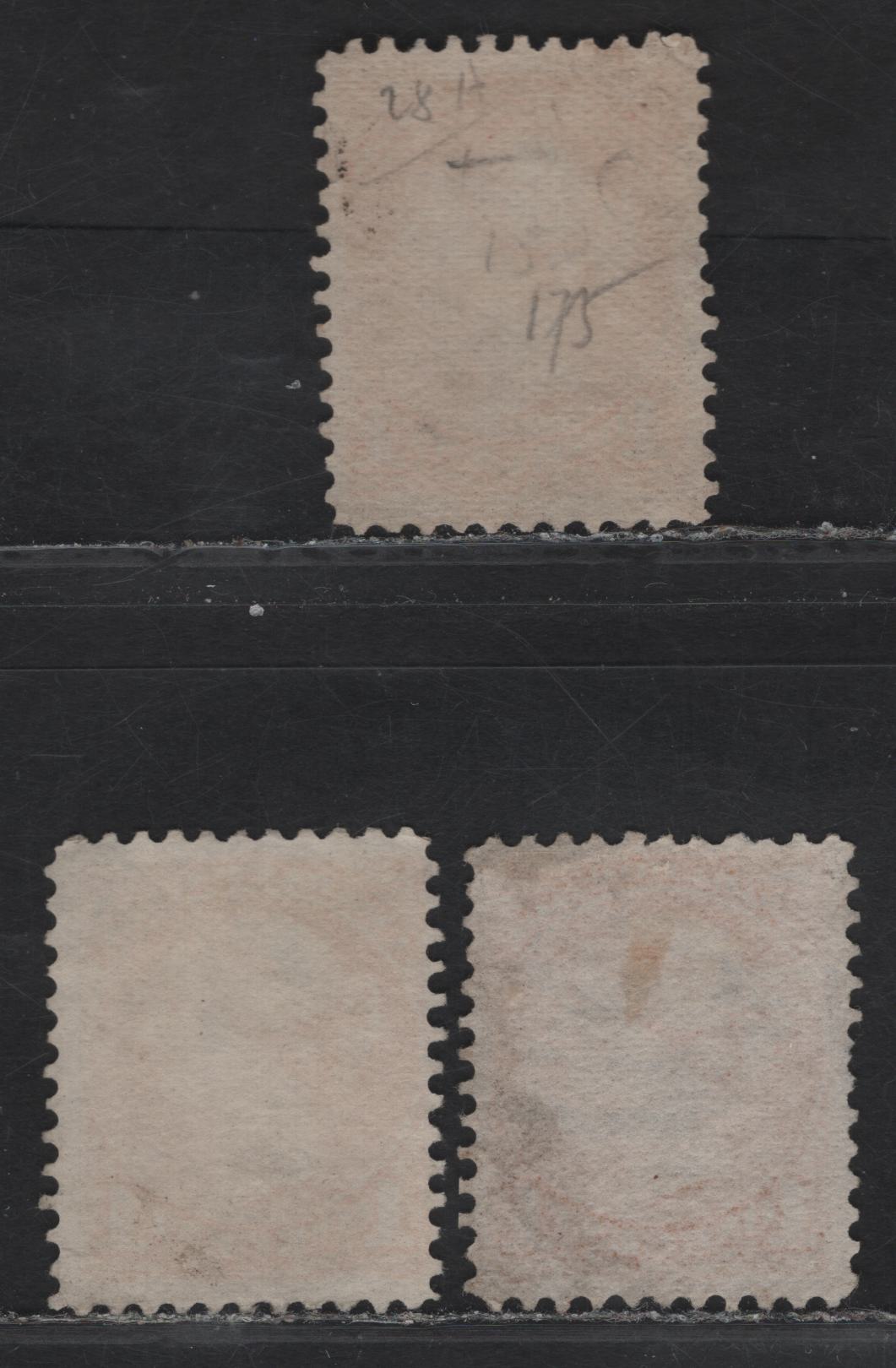 Lot 10 (C) Canada #35a, 35d 1c Orange & Yellow Orange Queen Victoria, 1870-1893 Small Queen Issue, 3 Fine/Very Fine Used Singles, Early Montreal Printings, Papers EM-C, EM-E & EM-F, Perfs 12 & 11.75x12.1, All With Pos. Dots At LL.
