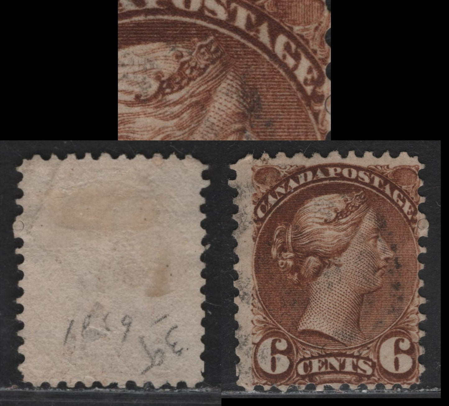 Lot 123 (C) Canada #39b 6c Brown Queen Victoria, 1870-1893 Small Queen Issue, A Very Good Used Single, Paper MM-D, Perf 11.75x12, Minor Re-Entry Showing Slight Doubling of 'Ostag' Of Postage.