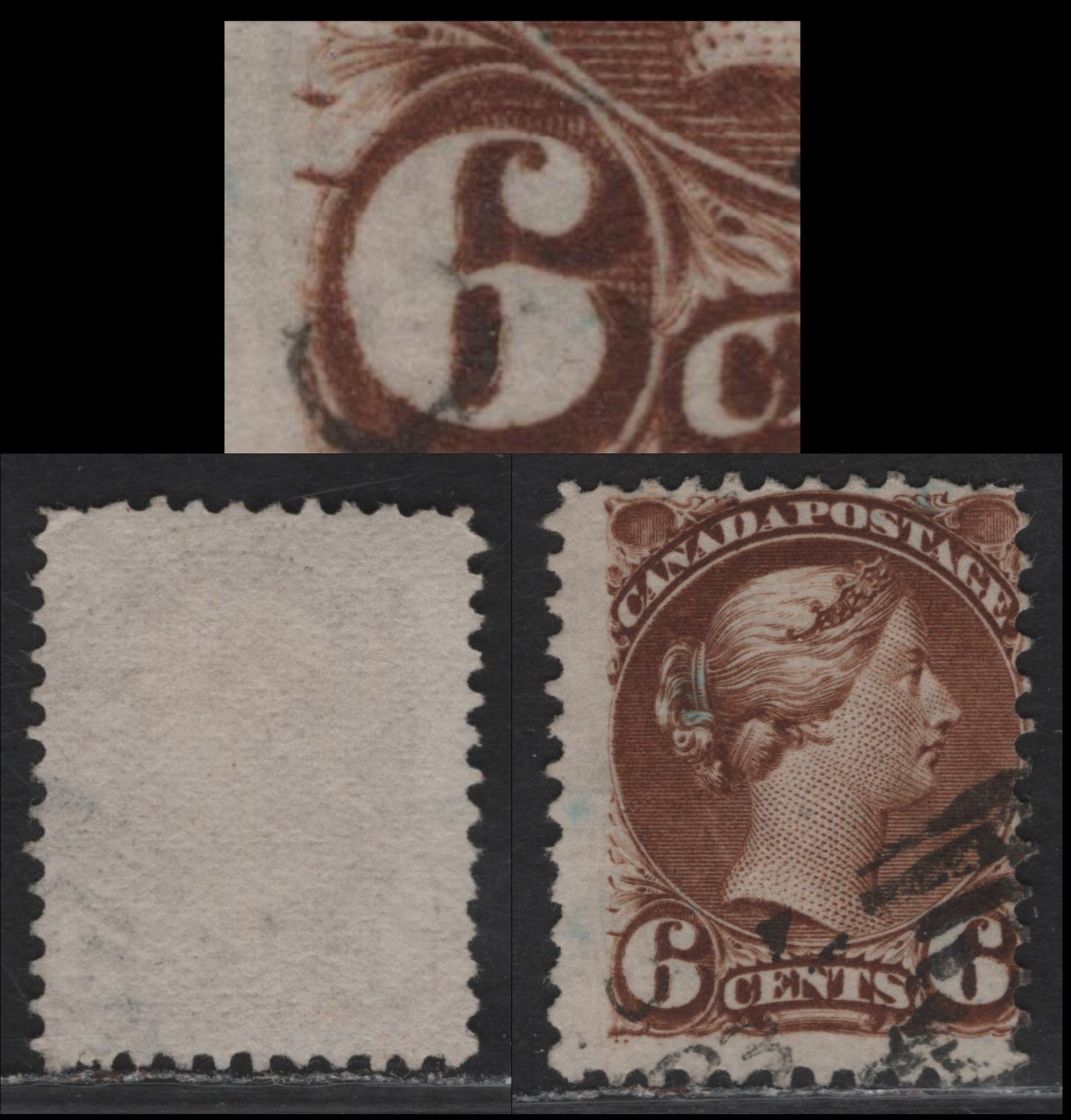 Lot 124 (C) Canada #39bvar 6d Deep Yellowish Brown Queen Victoria, 1870-1893 Small Queen Issue, A Very Good Used Single, Minor Re-Entry Showing Slight Doubling Of The LL '6', Perf 11.75x12 on Paper MM-L