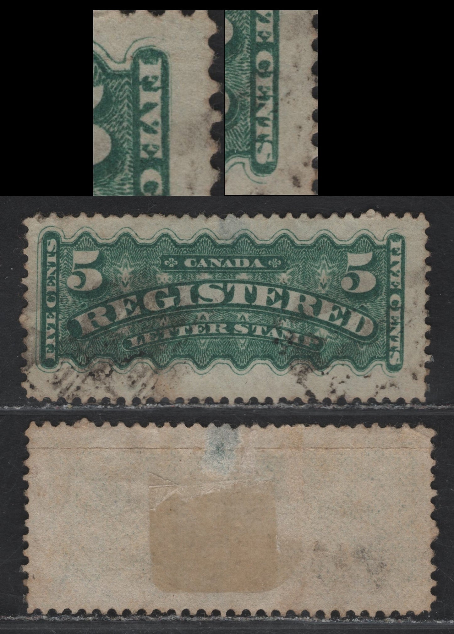 Lot 165 (C) Canada #F2aiii 5c Blue Green Registered, 1875-1896 Registration Issue, A Fair Used Single, 2nd Ottawa Printing, Paper 2O-U, Perf 12, Horizontal Crease & Large Thin At Center, Unpriced In Unitrade.